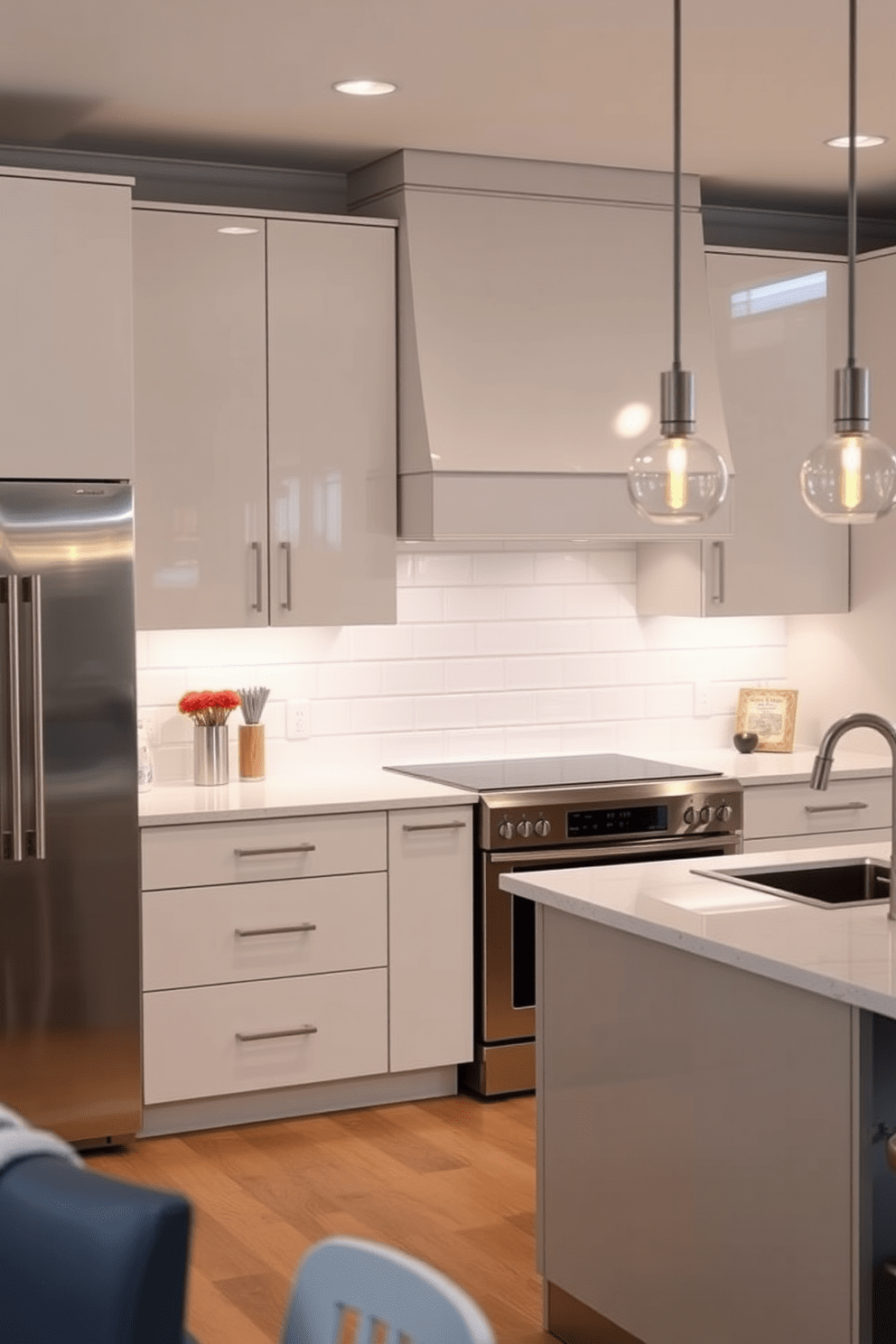 A contemporary kitchen featuring sleek cabinetry with a glossy finish and stainless steel appliances. The backsplash is adorned with classic white subway tiles, creating a clean and timeless aesthetic. A large central island with a quartz countertop provides ample workspace and seating. Pendant lights hang above the island, illuminating the space with a warm glow.