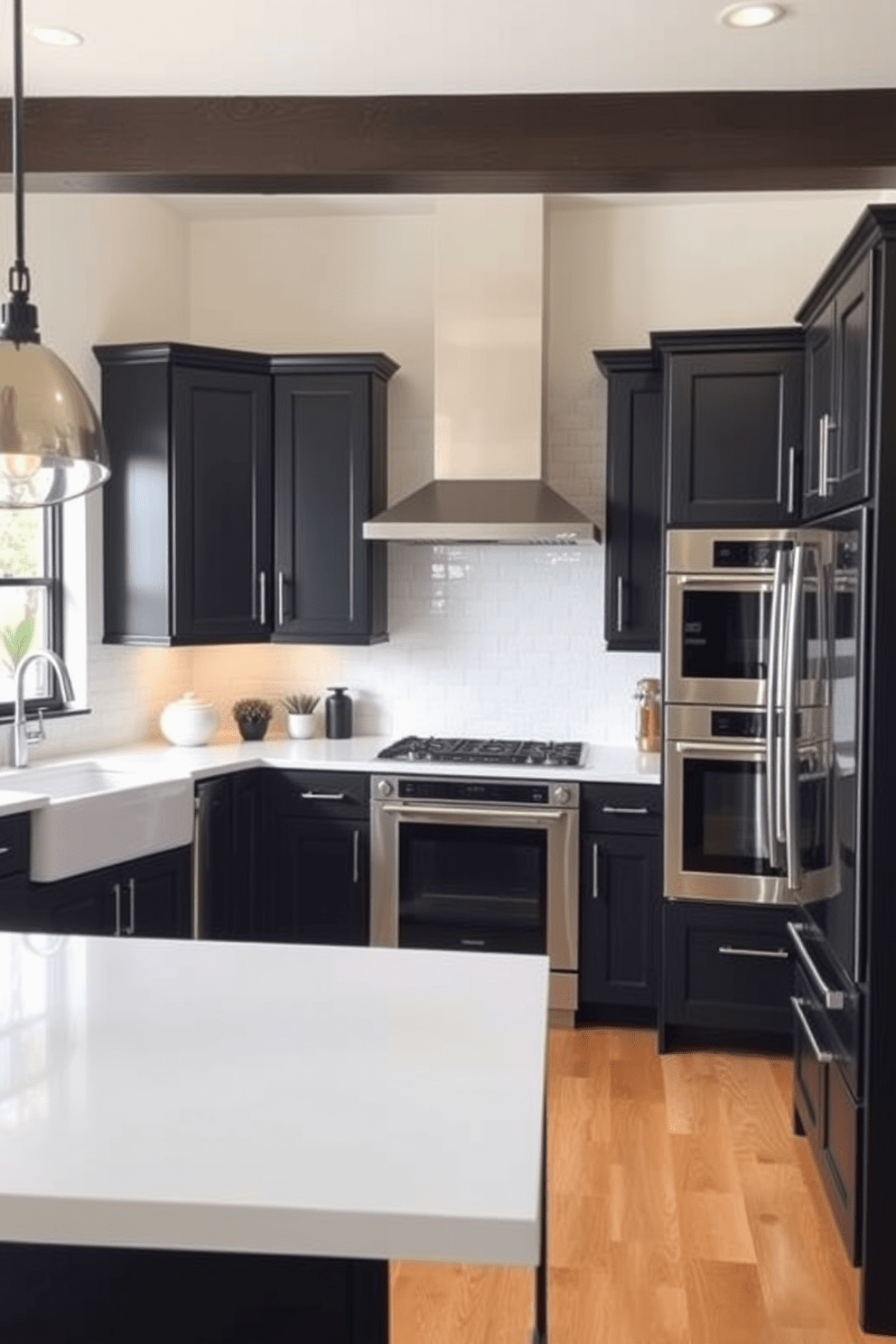 A contemporary kitchen setting features dark cabinetry that creates a striking contrast with the light-colored countertops. The island boasts a smooth white quartz surface, while sleek black cabinets line the walls, providing ample storage space. Incorporate modern appliances that blend seamlessly into the cabinetry for a cohesive look. Pendant lights hang above the island, adding a touch of elegance and warmth to the overall design.