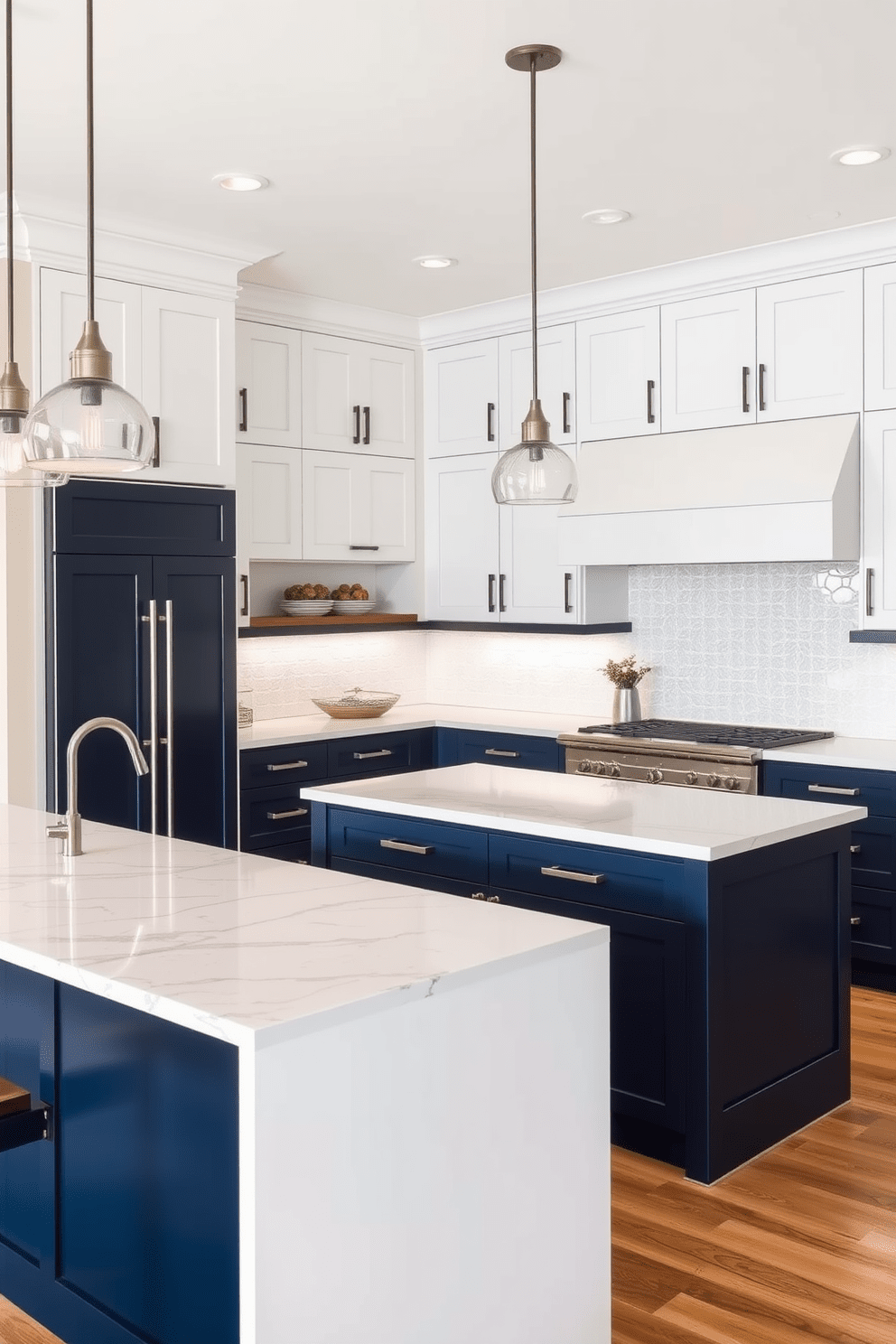 A contemporary kitchen featuring dual-tone cabinetry that adds depth and character to the space. The upper cabinets are a crisp white, while the lower cabinets are a rich navy blue, creating a striking contrast. The kitchen island is topped with a sleek quartz countertop, providing ample space for meal preparation and casual dining. Pendant lights with a modern design hang above the island, illuminating the area with a warm glow.