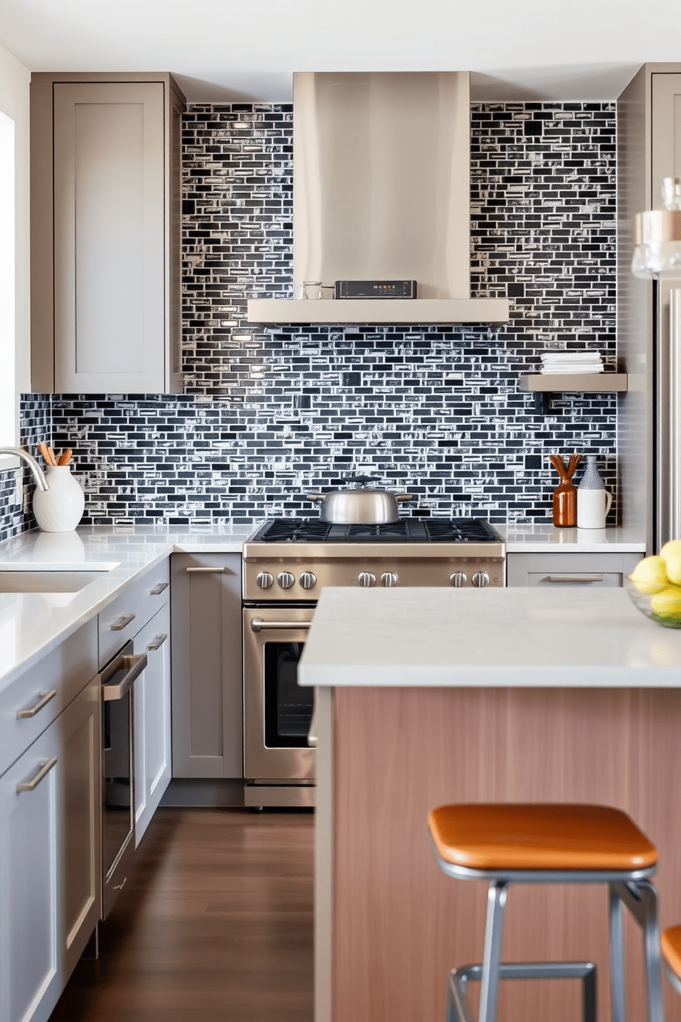 A contemporary kitchen featuring bold backsplash tiles that create a striking focal point. The cabinetry is sleek and modern, complemented by stainless steel appliances and a spacious island with bar seating.