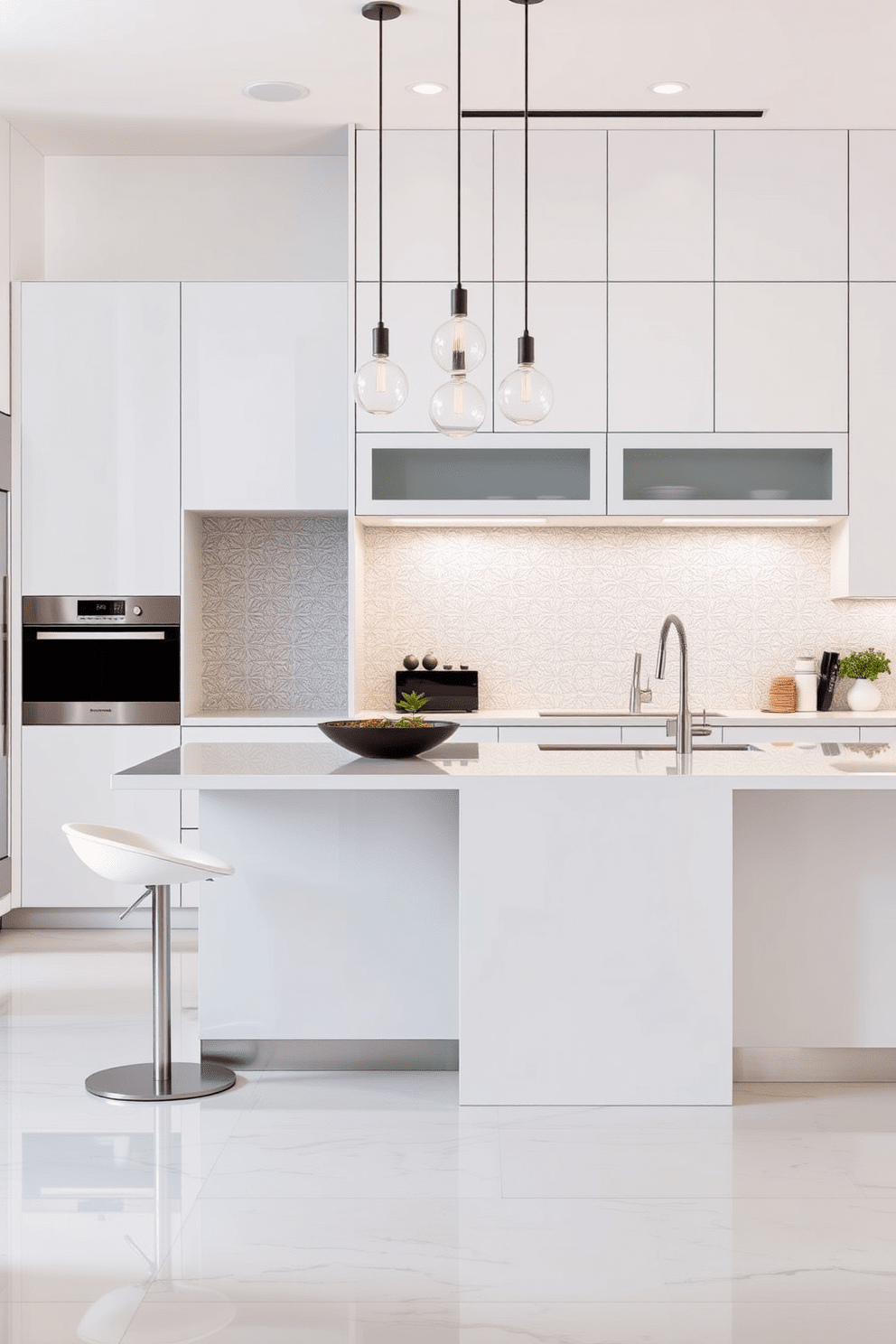 A contemporary kitchen featuring integrated appliances that blend seamlessly into the cabinetry. The sleek design includes a large island with a waterfall countertop, surrounded by modern bar stools. The cabinetry is finished in a high-gloss white, complemented by stainless steel appliances that are flush with the surfaces. A stylish backsplash of textured tiles adds depth, while pendant lights hang gracefully above the island.