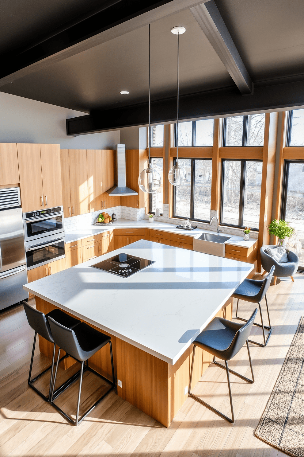 A large kitchen island with ample seating options is the centerpiece of this contemporary kitchen. The island features a sleek quartz countertop and stylish bar stools that invite casual dining and socializing. Surrounding the island, modern cabinetry in a warm wood finish complements the stainless steel appliances. Large windows allow natural light to flood the space, enhancing the open and airy feel of the kitchen.