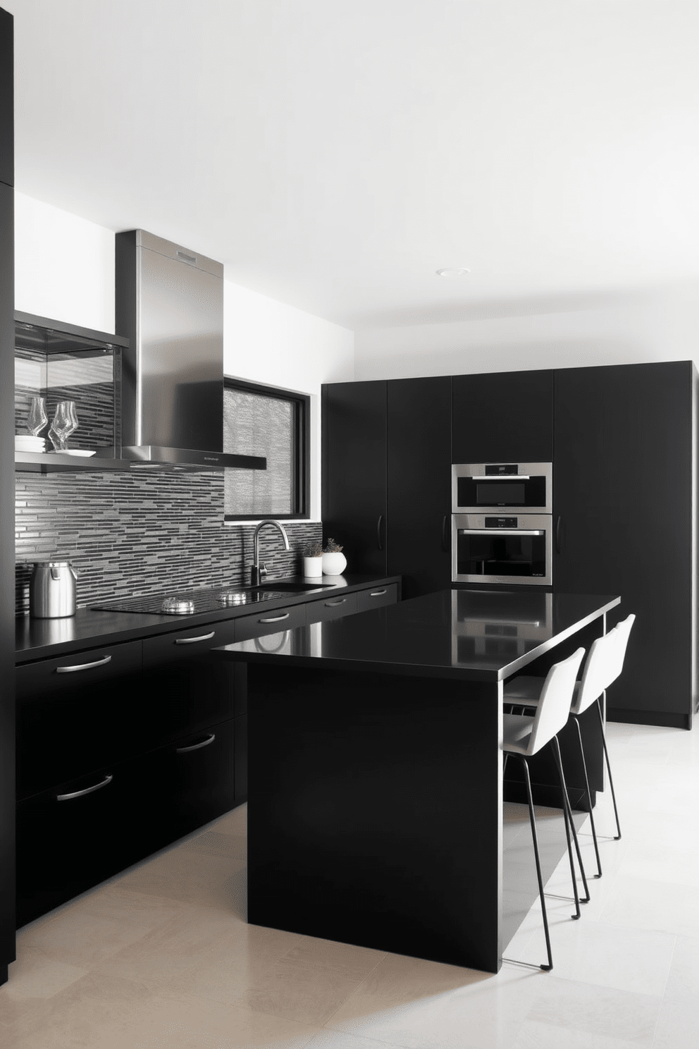 A contemporary kitchen design featuring a monochromatic color scheme. The cabinetry is a sleek matte black with matching countertops, creating a cohesive and elegant look. The backsplash is a subtle textured tile in varying shades of black and gray. Stainless steel appliances add a touch of modernity, while a large island serves as a functional centerpiece with minimalist bar stools.