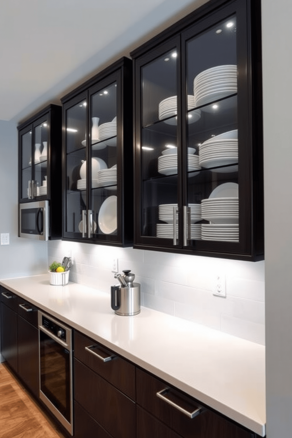 A contemporary kitchen features glass-front cabinets that elegantly showcase an array of dishware. The cabinets are complemented by sleek countertops and modern appliances that enhance the overall aesthetic.