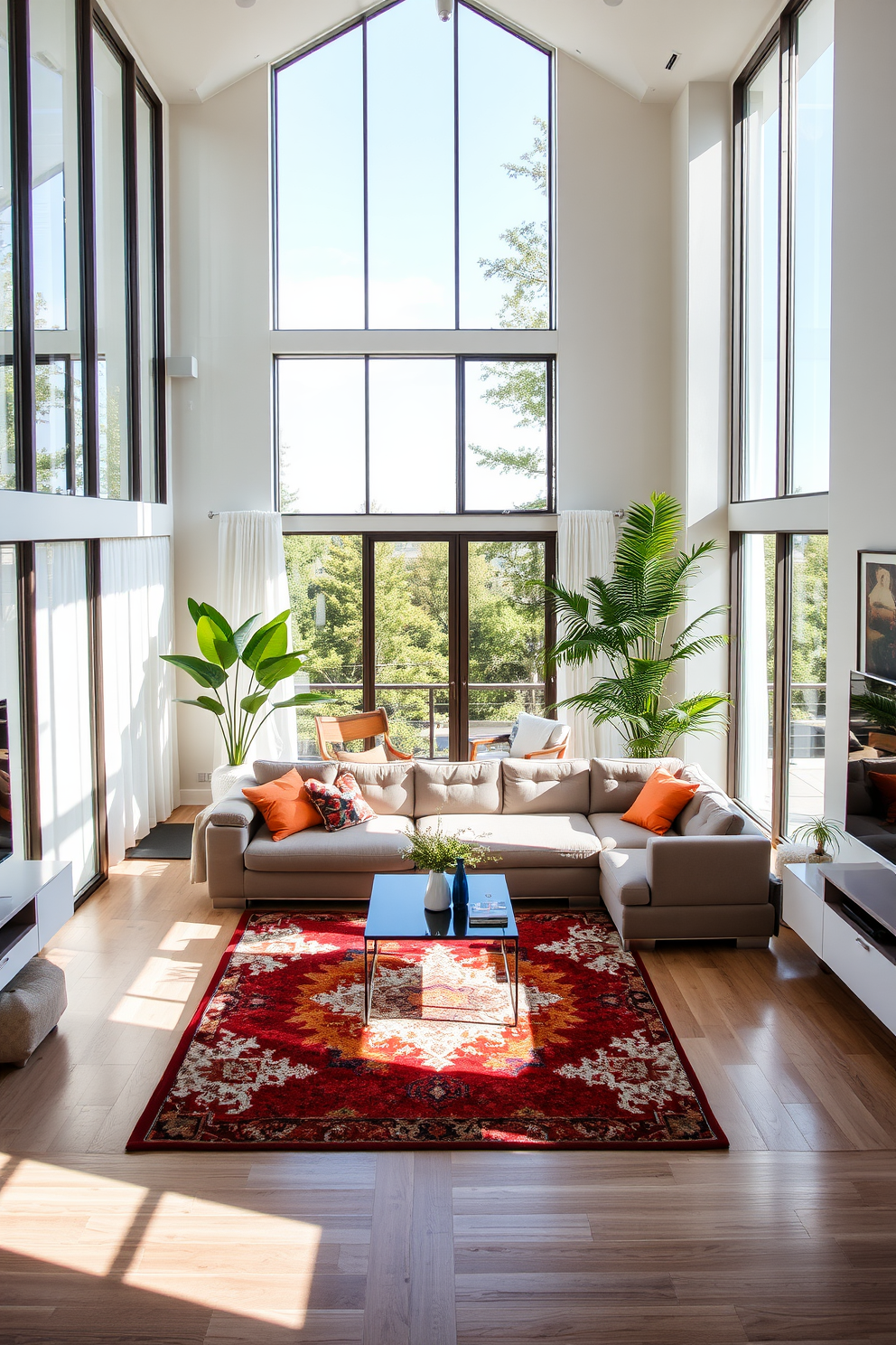 An open concept living room bathed in natural light features floor-to-ceiling windows that invite the outdoors in. The space is adorned with a plush sectional sofa in a neutral tone, accented by vibrant throw pillows and a chic coffee table at the center. A statement rug anchors the seating area, while a sleek entertainment unit blends seamlessly with the modern aesthetic. Lush indoor plants are strategically placed to enhance the airy feel, and wall art adds a personal touch to the decor.