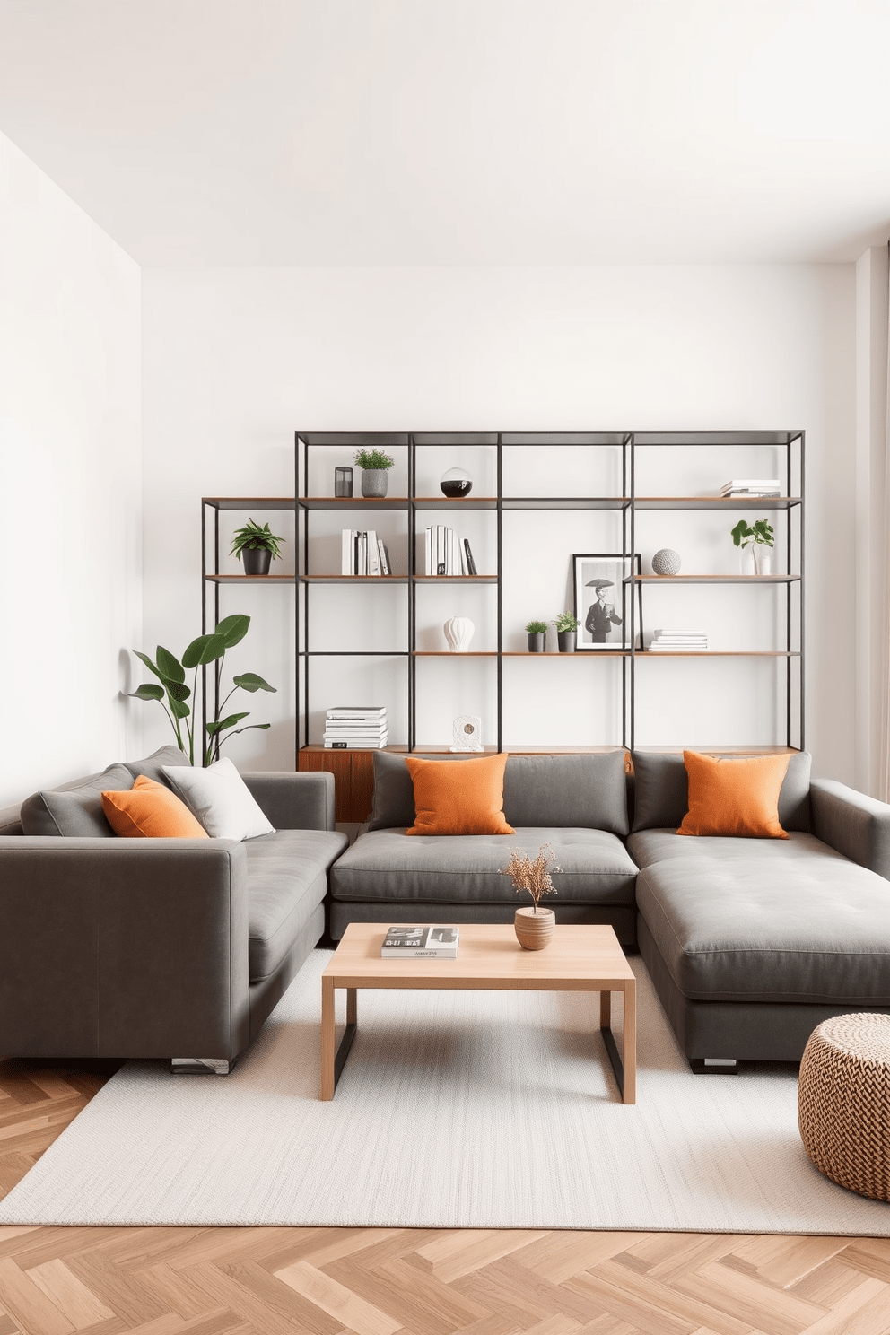 A contemporary living room featuring multifunctional furniture that maximizes space efficiency. The design includes a sleek sofa that transforms into a bed, paired with a coffee table that doubles as storage. The walls are adorned with light neutral tones to create an airy atmosphere. A stylish bookshelf serves as a room divider while showcasing decorative items and plants.