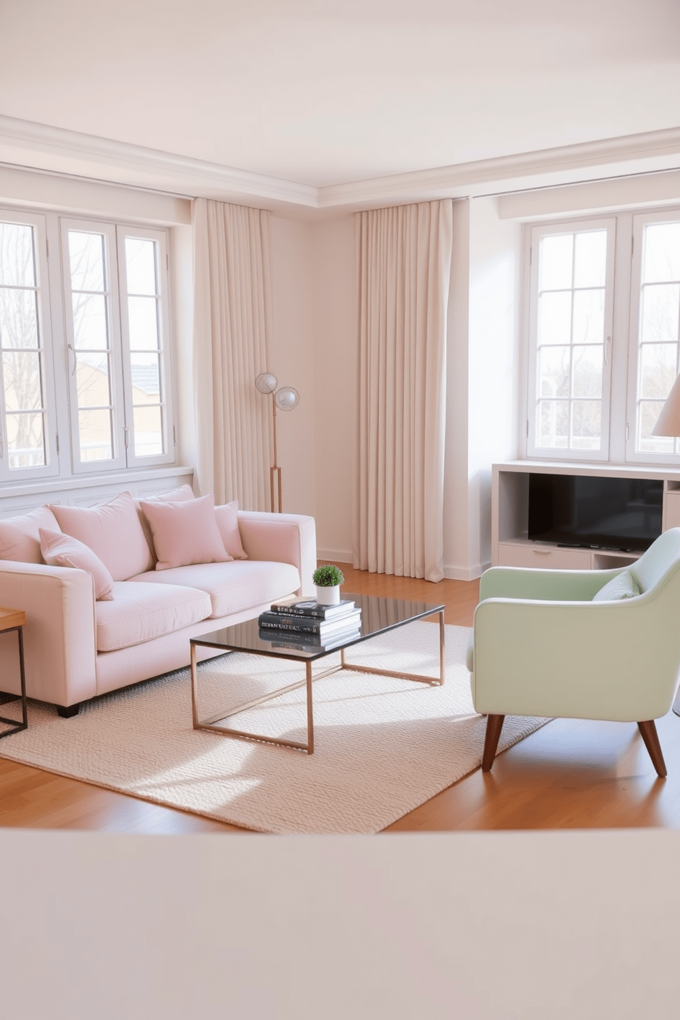 A contemporary living room featuring soft pastel tones to create a calming atmosphere. The space includes a plush light pink sofa paired with a mint green armchair, accented by a soft beige area rug. Large windows allow natural light to flood the room, enhancing the soothing color palette. A sleek coffee table sits at the center, adorned with a few decorative books and a small potted plant for a touch of greenery.