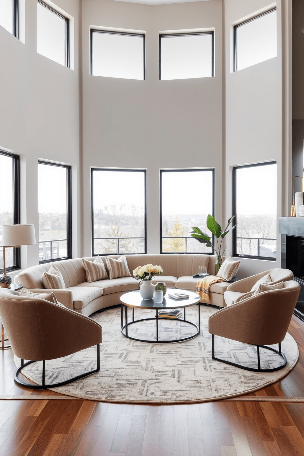 A contemporary living room featuring curved furniture that creates a softer aesthetic. The space includes a plush curved sofa in a neutral tone paired with a round coffee table made of glass and metal. Accent chairs with gentle curves complement the sofa, adding to the inviting atmosphere. Large windows allow natural light to flood the room, highlighting a soft area rug that ties the design together.