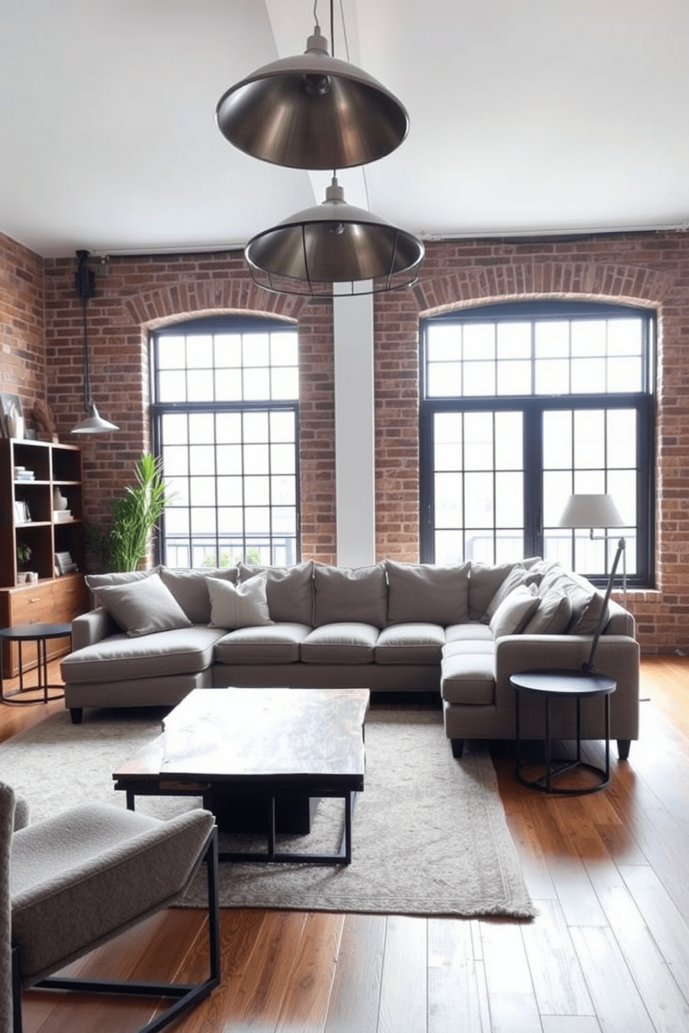 A contemporary living room featuring industrial elements with warm wood accents. The space includes a large sectional sofa upholstered in a neutral fabric, complemented by a reclaimed wood coffee table and metal side tables. Exposed brick walls create a rustic backdrop, while large windows allow natural light to flood the room. A statement pendant light made of metal hangs above, adding a modern touch to the cozy atmosphere.