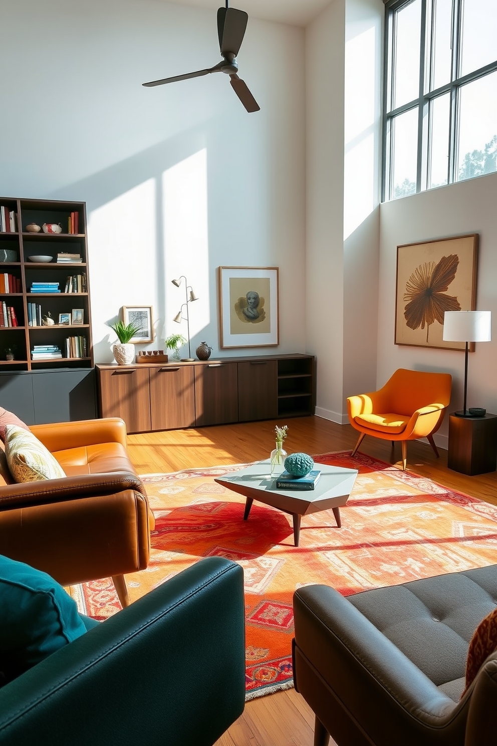 A contemporary living room featuring mid-century modern furniture that exudes timeless appeal. The space includes a sleek leather sofa paired with a geometric coffee table and a vibrant area rug that adds warmth to the room. Natural light floods the area through large windows, highlighting a minimalist bookshelf filled with curated decor. Accent chairs in bold colors complement the overall design, while a statement art piece hangs on the wall, bringing character to the space.