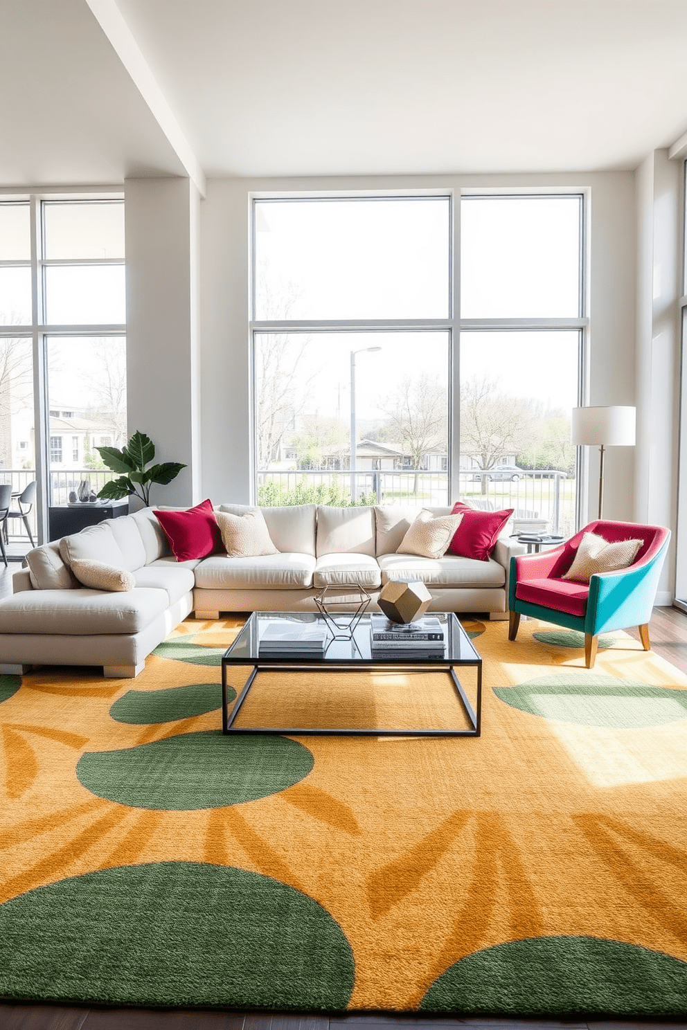 A contemporary living room featuring bold area rugs that delineate distinct spaces. The seating arrangement includes a plush sectional sofa in a neutral tone, complemented by vibrant accent chairs that add a pop of color. Large windows allow natural light to flood the room, enhancing the airy atmosphere. A stylish coffee table sits at the center, surrounded by geometric decor and a few carefully chosen books.