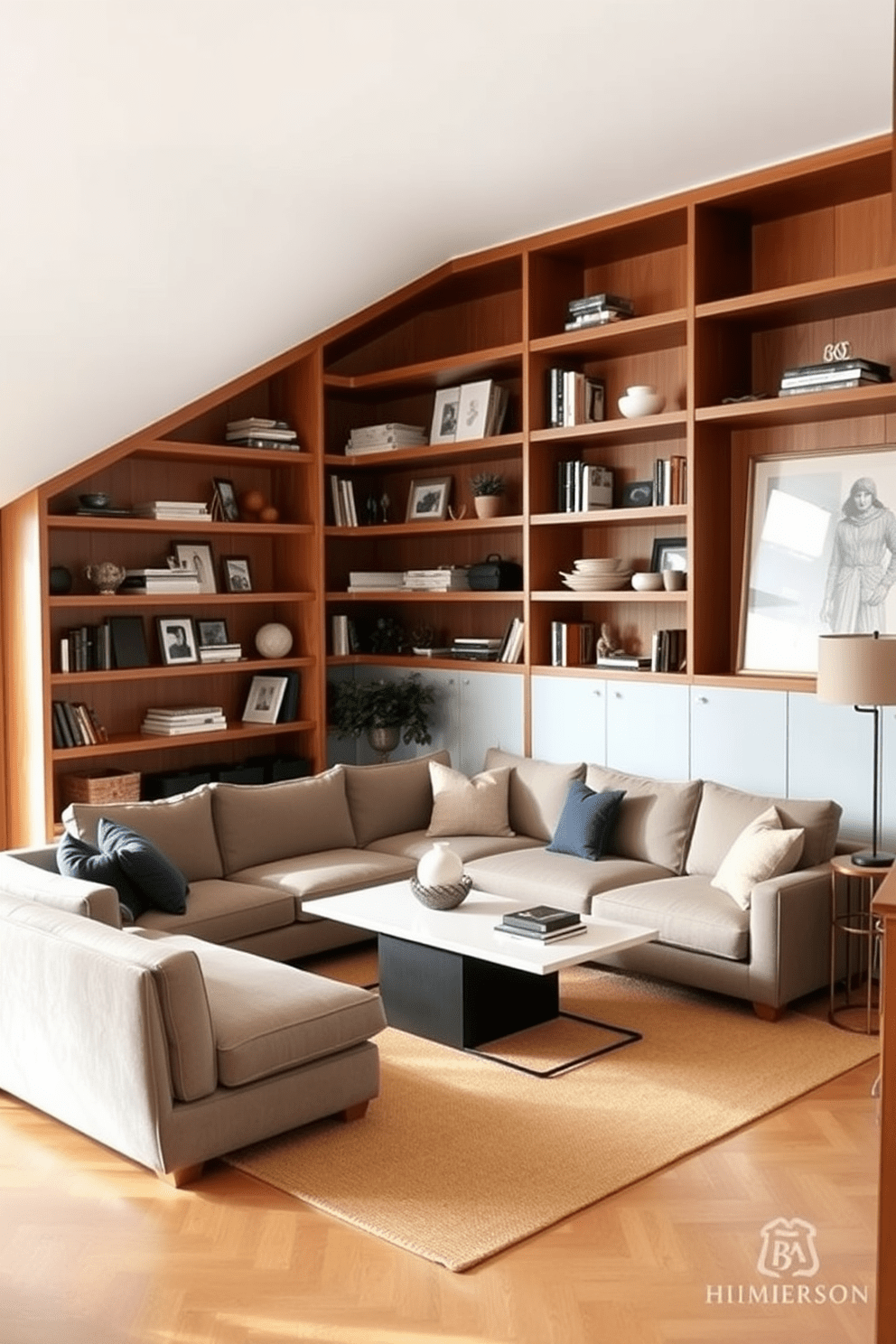 A contemporary living room featuring open shelving that elegantly displays personal items and decorative accents. The space is filled with natural light, highlighting a comfortable sectional sofa and a sleek coffee table at the center.