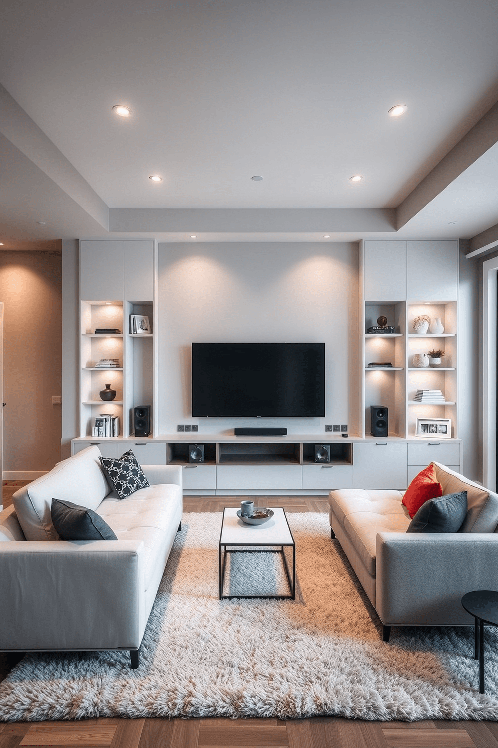 A contemporary living room that seamlessly integrates smart home features for enhanced functionality. The space includes a sleek sectional sofa paired with a minimalist coffee table, while smart lighting adjusts automatically based on the time of day. A large flat-screen TV is mounted on the wall, surrounded by built-in shelves that house smart speakers and decorative items. The walls are painted in a soft gray, and the floor is adorned with a plush area rug that adds warmth to the modern aesthetic.