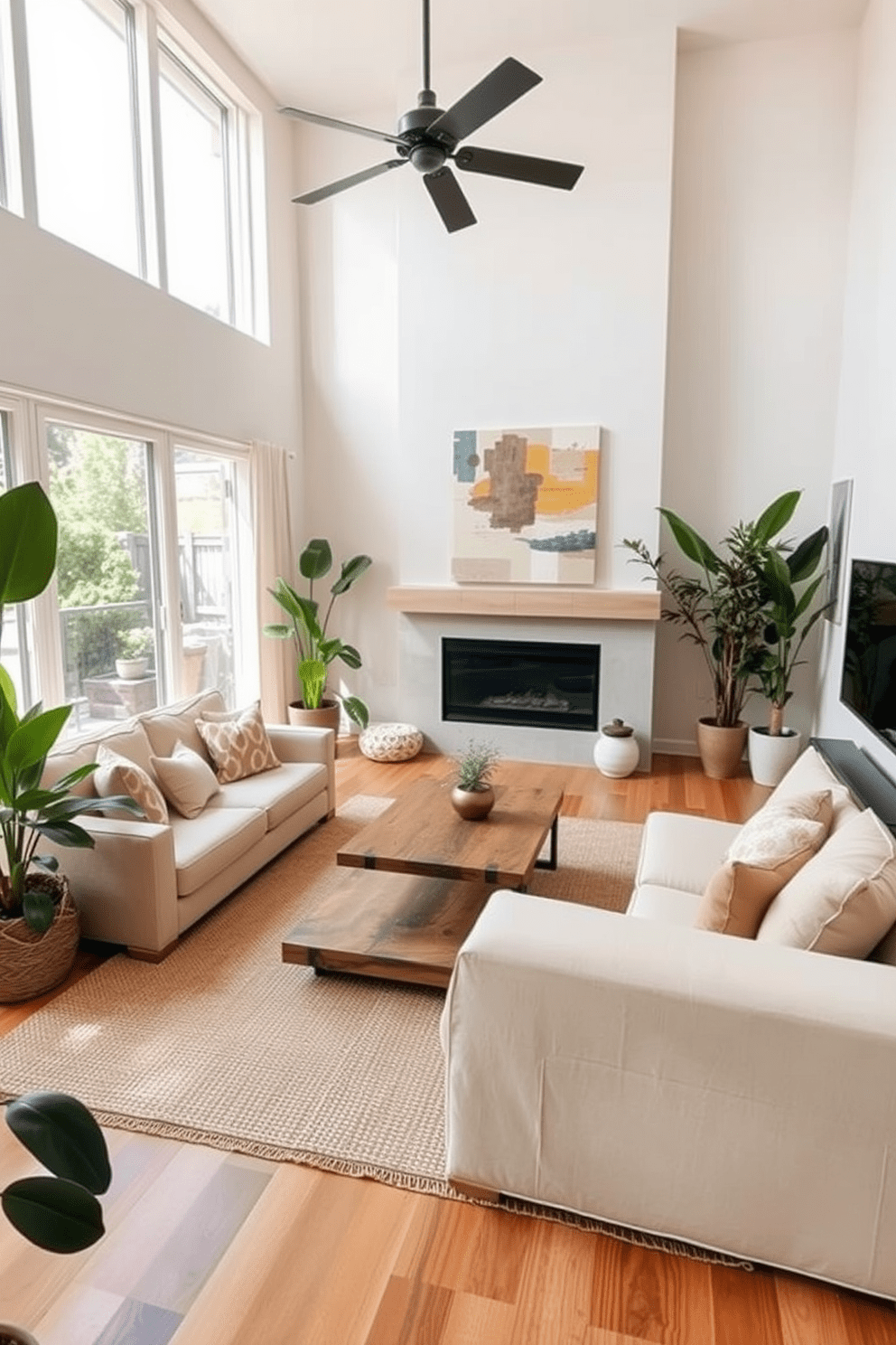 A contemporary living room featuring natural materials that create an organic touch. The space includes a large sectional sofa upholstered in a soft beige fabric, complemented by a reclaimed wood coffee table and a woven area rug. Floor-to-ceiling windows allow ample natural light to flood the room, highlighting the greenery from potted plants in the corners. A statement piece of art hangs above the fireplace, adding a pop of color to the neutral palette.