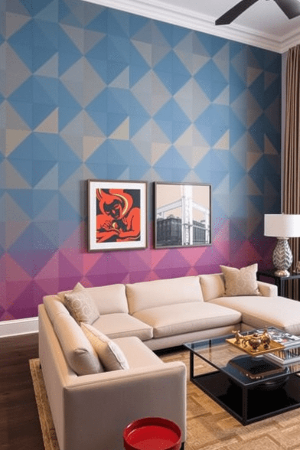 A contemporary living room featuring an accent wall adorned with bold geometric wallpaper in vibrant colors. The space includes a sleek sectional sofa in neutral tones, paired with a glass coffee table and modern art pieces that enhance the overall aesthetic.