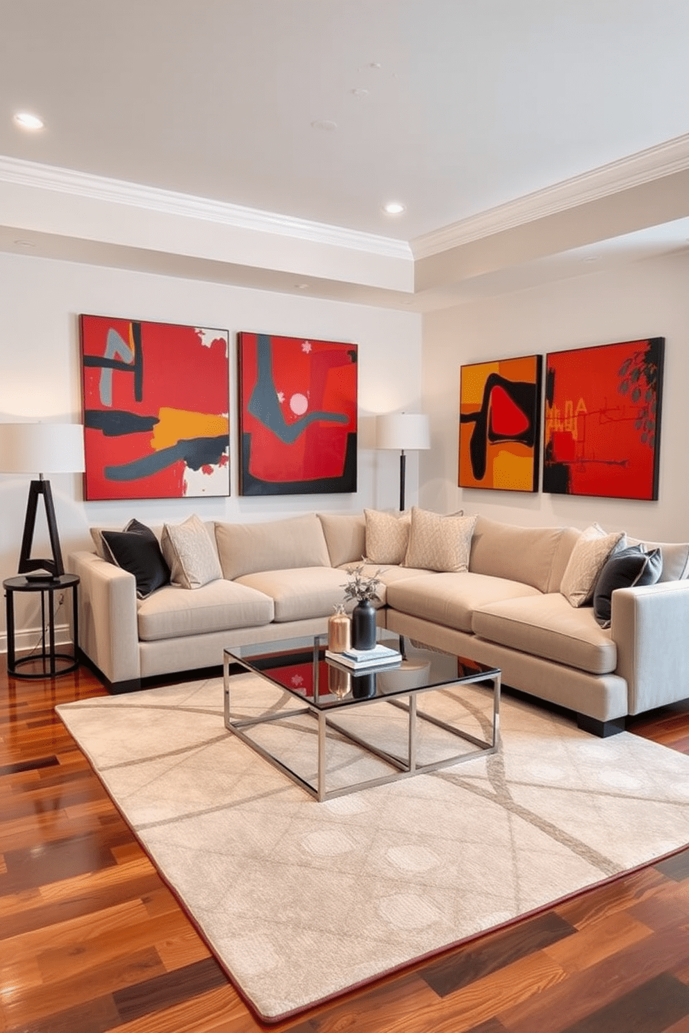 A contemporary living room that exudes modern elegance. The space features a large, plush sectional sofa in a neutral tone paired with a sleek glass coffee table. On the walls, bold contemporary art pieces in vibrant colors create a striking focal point. The flooring is a rich hardwood, and a geometric area rug adds texture and warmth to the room.