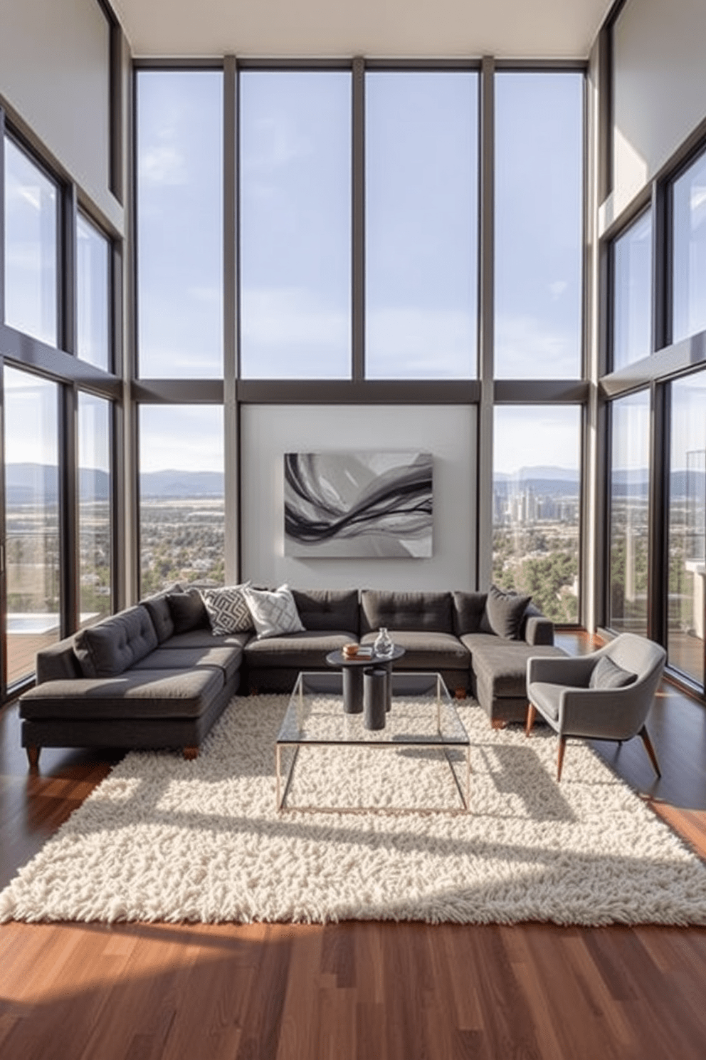 A contemporary living room featuring floor-to-ceiling windows that offer breathtaking views of the surrounding landscape. The space is filled with natural light, highlighting a sleek sectional sofa and a minimalist coffee table in the center. The walls are painted in a soft gray, complemented by a striking piece of abstract art above the sofa. A plush area rug anchors the seating area, while modern accent chairs add a touch of elegance to the design.