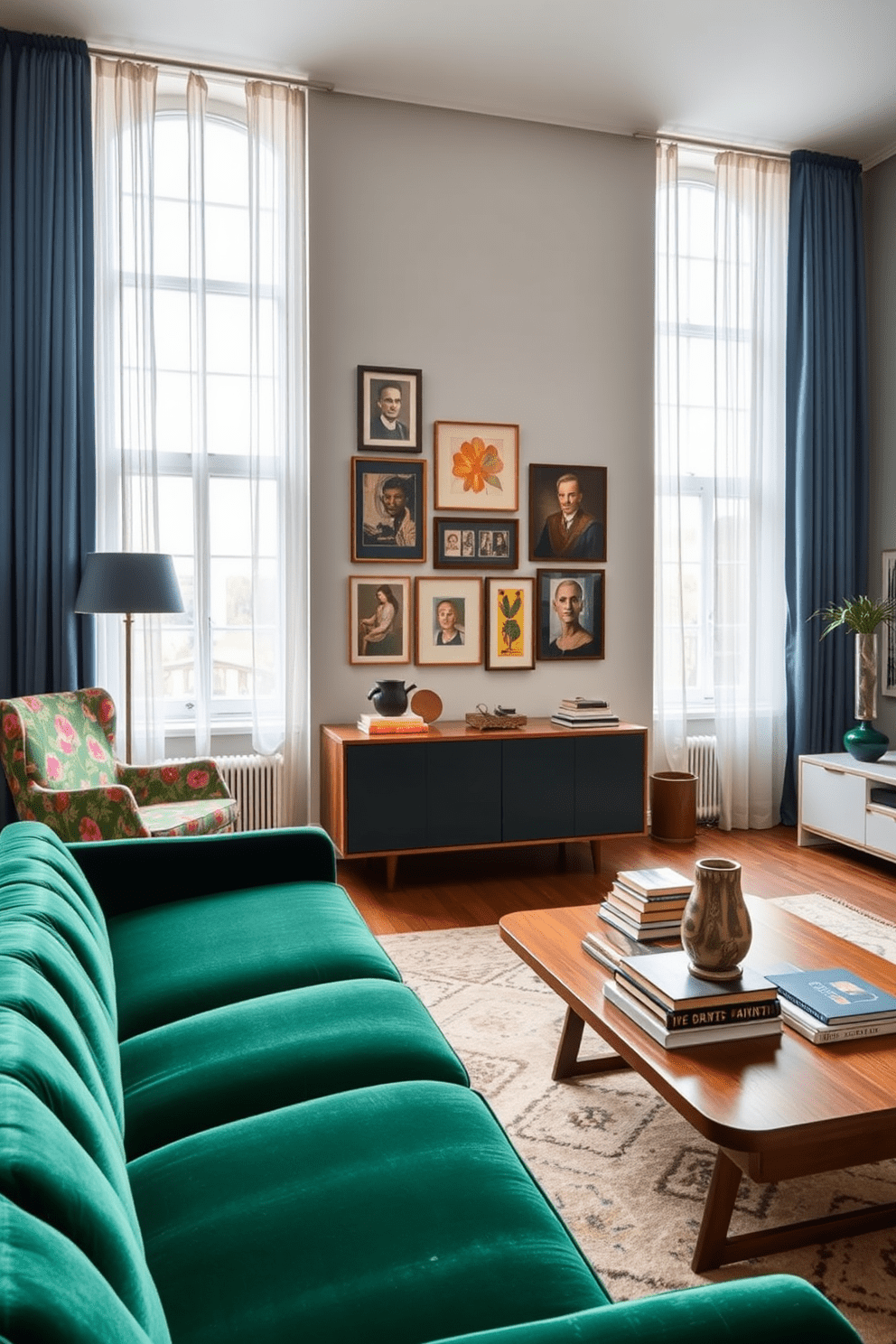 A contemporary living room that seamlessly blends vintage finds with modern decor. The space features a plush velvet sofa in a deep emerald green, complemented by a mid-century wooden coffee table adorned with a stack of art books and a unique ceramic vase. On one side, a vintage armchair with a bold floral pattern adds character, while a sleek, minimalist entertainment unit sits opposite. Large windows draped with sheer curtains allow natural light to flood the room, highlighting a gallery wall of eclectic art pieces.