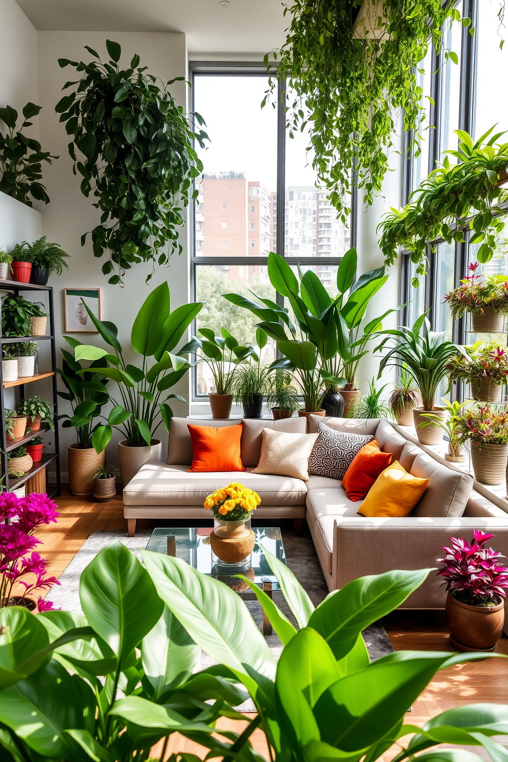 A contemporary living room filled with lush greenery and vibrant plants. The space features a sleek sectional sofa in neutral tones, paired with a glass coffee table and colorful accent pillows. Large potted plants are strategically placed in the corners, while smaller plants adorn the shelves and window sills. Natural light floods the room through expansive windows, enhancing the fresh and inviting atmosphere.