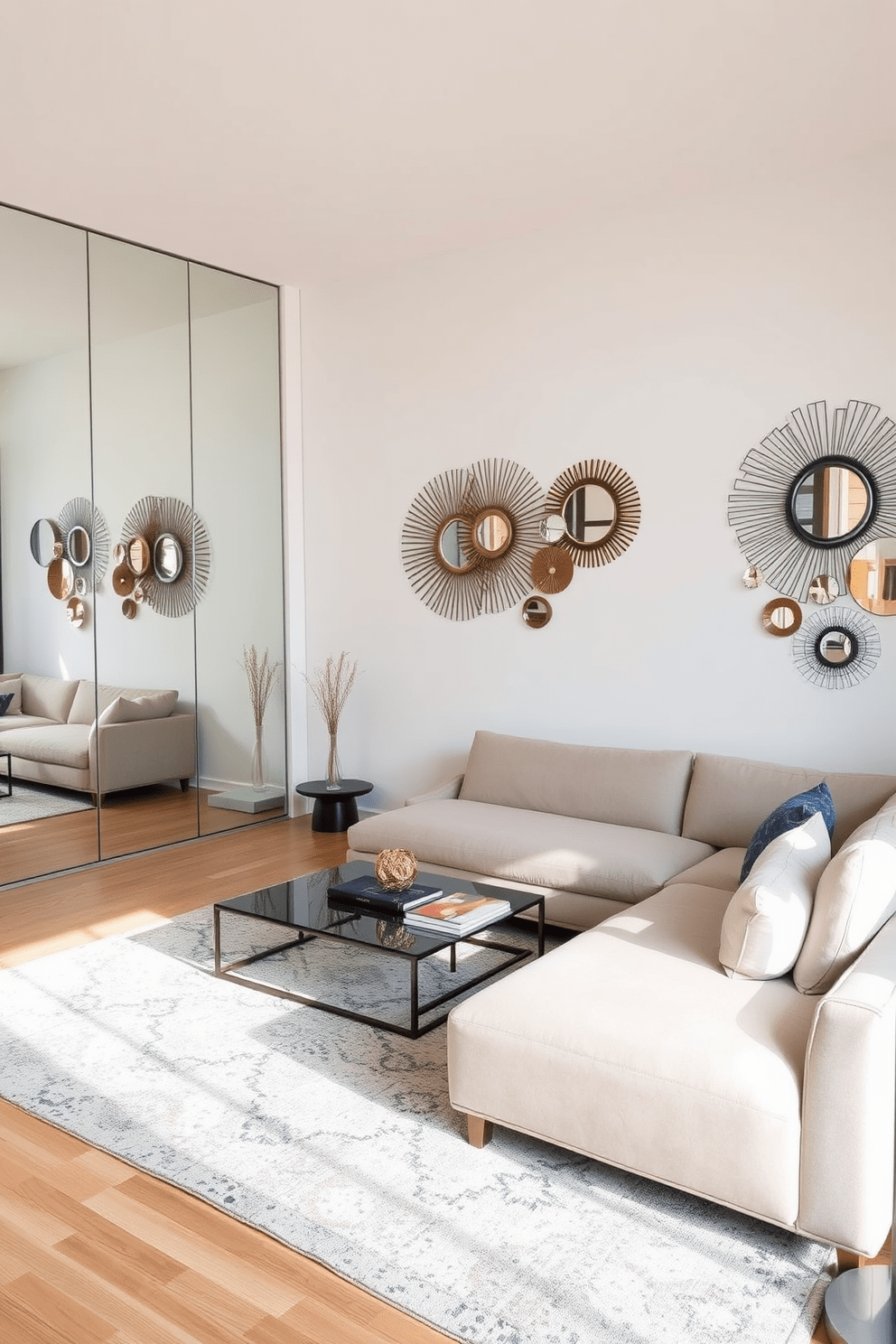 A contemporary living room featuring creative use of mirrors to enhance the sense of space. The room includes a large floor-to-ceiling mirror on one wall, reflecting natural light and making the area feel more expansive. A sleek sectional sofa in a neutral tone is positioned opposite a modern coffee table. Decorative mirrors in various shapes are arranged artfully on another wall, adding depth and visual interest to the design.