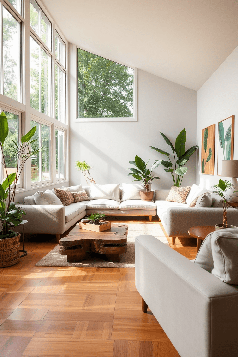 A contemporary living room featuring sustainable materials like bamboo flooring and recycled glass accents. The space is filled with natural light from large windows, highlighting a minimalist sofa made from organic fabrics and a coffee table crafted from reclaimed wood. Green plants are strategically placed throughout the room, adding a touch of nature and improving air quality. The walls are painted in a soft neutral tone, complemented by eco-friendly artwork that enhances the modern aesthetic.