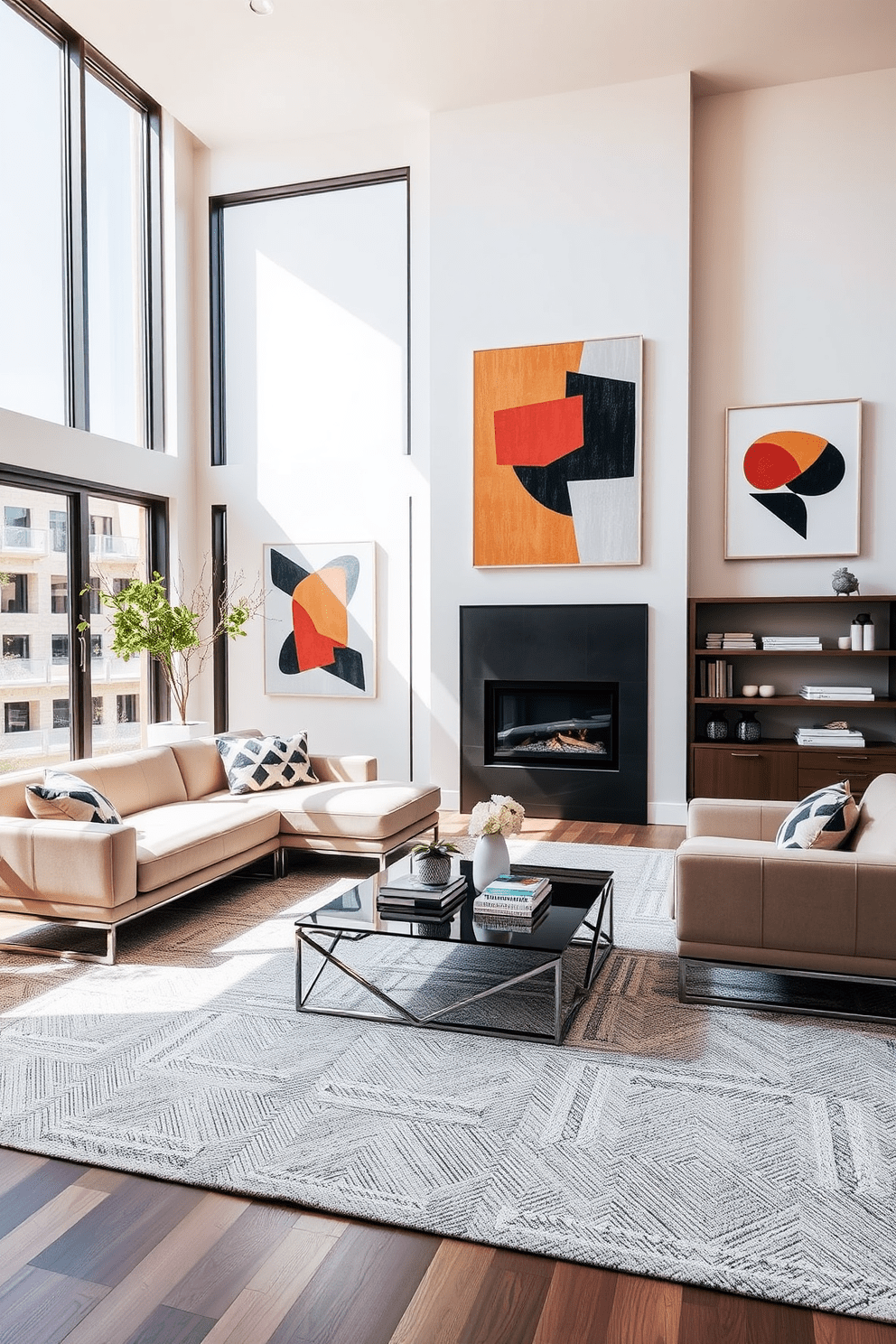 A contemporary living room featuring sleek lines and geometric patterns throughout. The furniture includes a low-profile sectional sofa in a neutral tone, accented by bold geometric throw pillows. The coffee table is a minimalist design with a glass top and angular metal legs. Large floor-to-ceiling windows allow natural light to fill the space, highlighting the textured area rug underneath. On the walls, abstract art pieces with geometric shapes add a vibrant touch. A modern fireplace serves as a focal point, surrounded by built-in shelves displaying curated decor items.