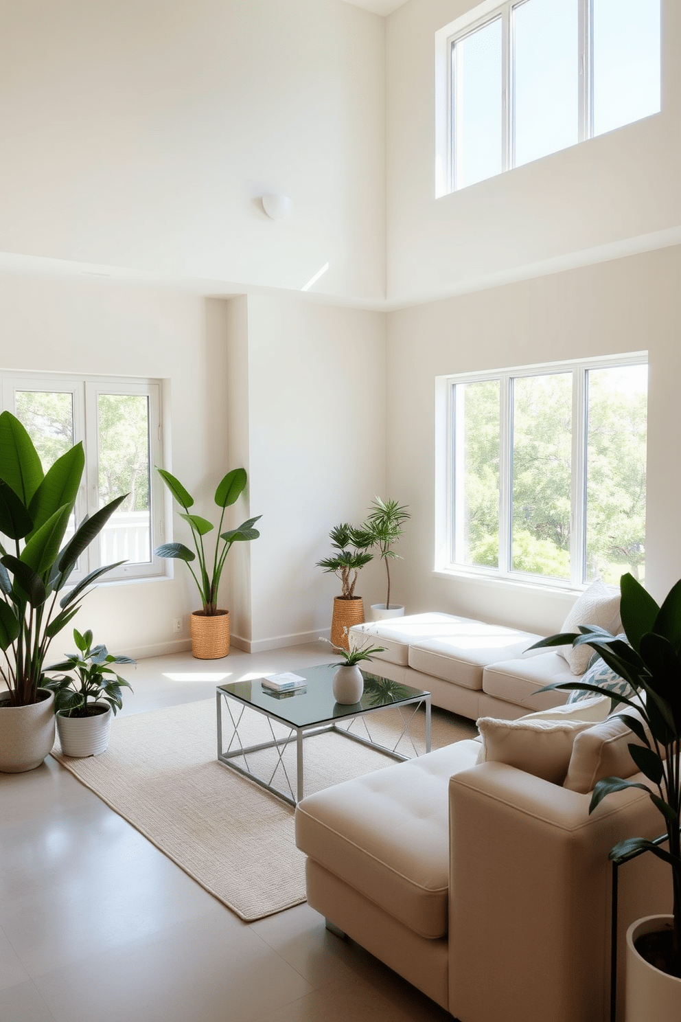 A contemporary living room featuring a neutral color palette with soft beige and light gray tones. The space is accented with vibrant greenery from potted plants placed strategically around the room. The seating area consists of a plush sectional sofa and a sleek coffee table made of glass and metal. Large windows allow natural light to flood in, enhancing the airy and inviting atmosphere.