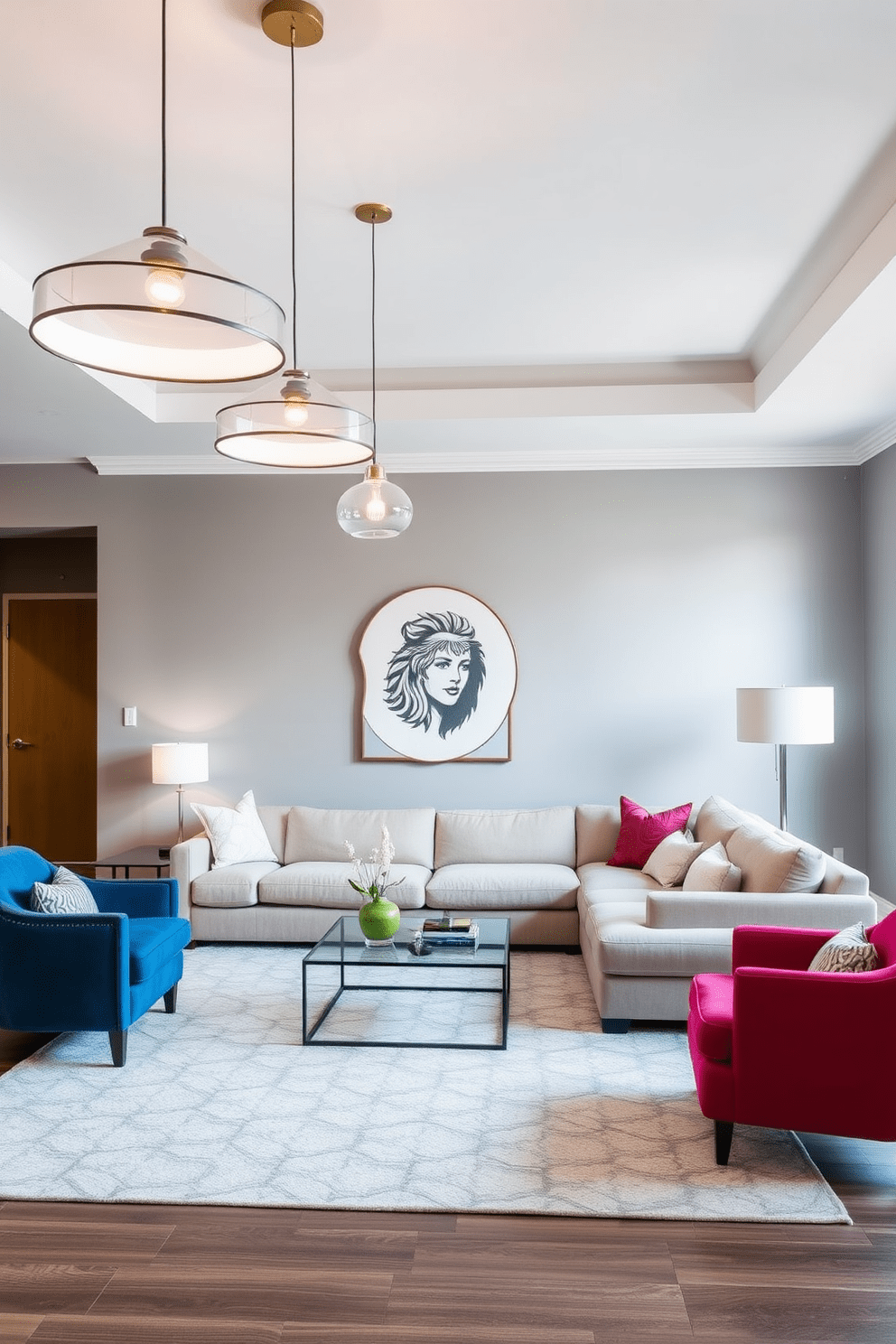 A contemporary living room features statement lighting fixtures that serve as focal points in the space. The room is adorned with a plush sectional sofa in a neutral tone, complemented by a sleek coffee table and vibrant accent chairs. Large pendant lights hang gracefully from the ceiling, casting a warm glow over the seating area. The walls are painted in a soft gray, while a geometric area rug anchors the space, adding texture and depth.