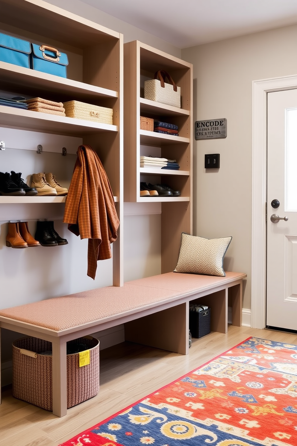 Open shelving lines the walls of a contemporary mudroom, providing easy access to storage for shoes and outdoor gear. The space features a sleek bench with a textured cushion, and a vibrant area rug adds a pop of color to the neutral flooring.