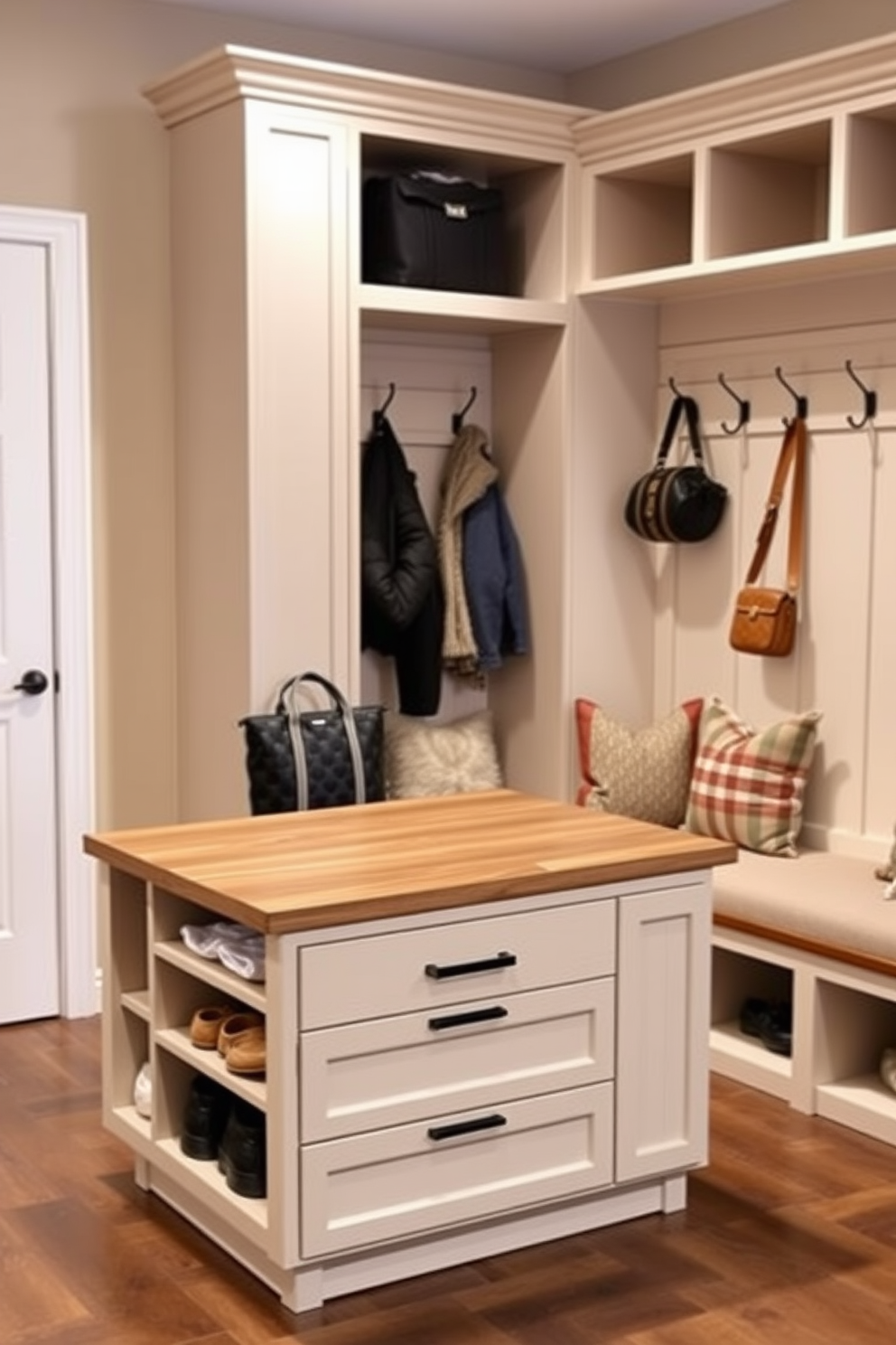 A multi-functional island with storage features a sleek design that combines practicality and style. The island includes built-in shelves and drawers, providing ample space for organizing shoes, bags, and other essentials. The contemporary mudroom design incorporates a combination of open and closed storage solutions. A bench with cushions invites comfort, while a wall of hooks offers convenient access to coats and accessories.