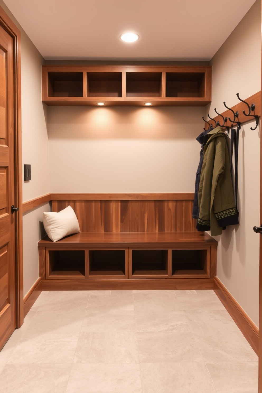 A contemporary mudroom featuring natural wood accents for warmth. The space includes a built-in wooden bench with plush cushions and open shelving above for storage. The walls are painted in a soft neutral tone, complementing the rich wood tones. A durable tile floor with a subtle pattern provides functionality and style, while hooks for coats are neatly arranged along one side.