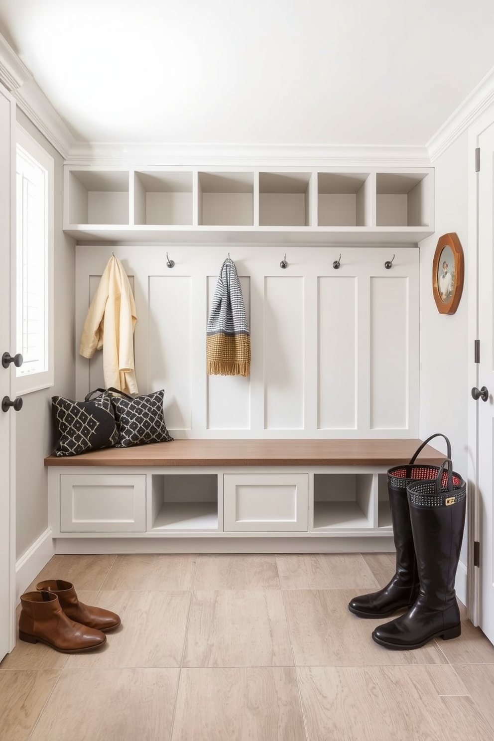 A contemporary mudroom features durable materials designed to withstand high traffic. The space includes a built-in bench with cubbies for storage, and the flooring is made of sleek porcelain tiles that mimic natural stone.