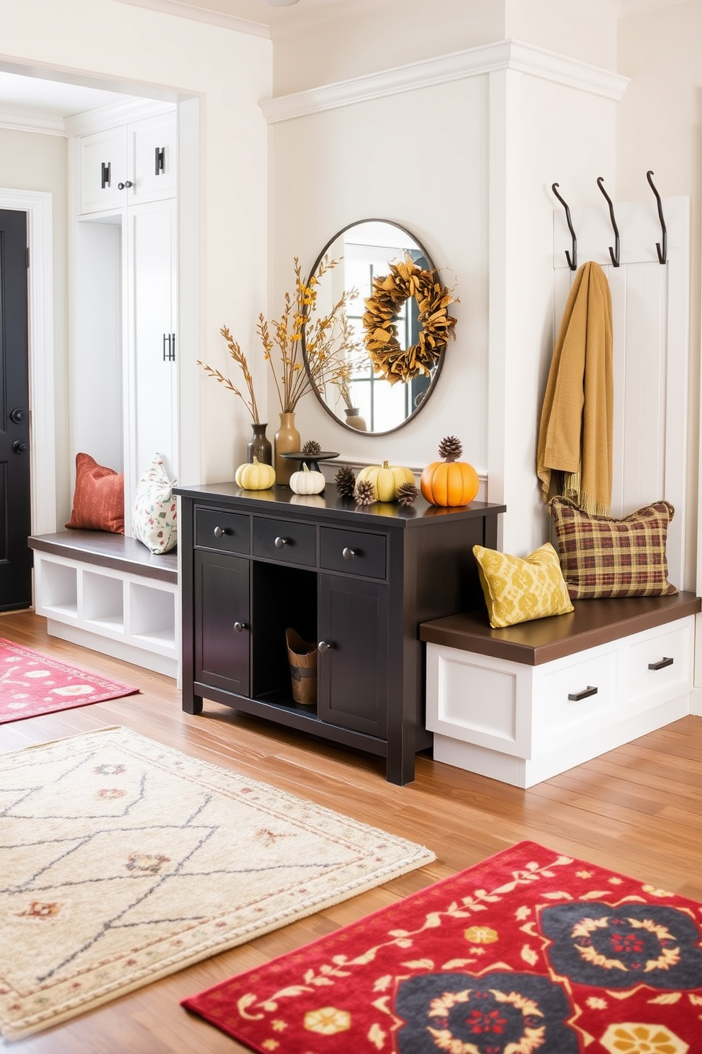 Seasonal decor for changing aesthetics. A cozy entryway features a console table adorned with seasonal decorations, including pumpkins in autumn and pinecones in winter. Contemporary mudroom design ideas. The mudroom showcases sleek storage solutions with built-in benches and cubbies, complemented by a stylish coat rack and a vibrant area rug.