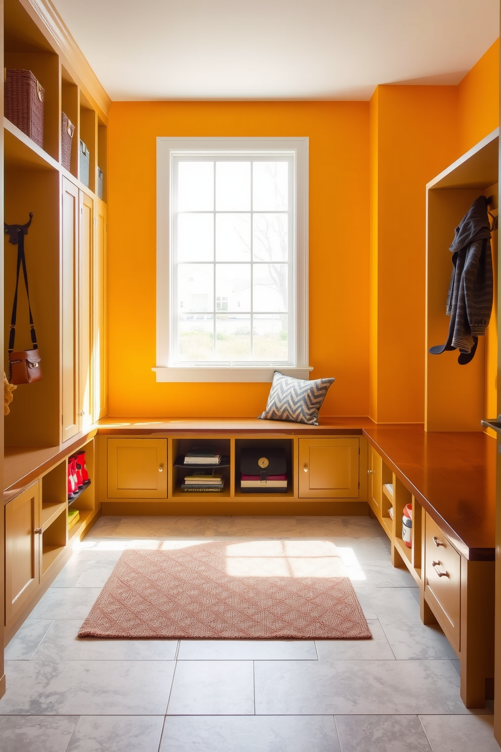 A contemporary mudroom features bright accent walls in a vibrant hue that energizes the space. The floor is made of durable tiles, and built-in storage benches provide ample seating and organization. Stylish hooks line the walls for easy access to coats and bags, while a large window allows natural light to flood the area. A modern area rug adds warmth and texture, complementing the overall design aesthetic.