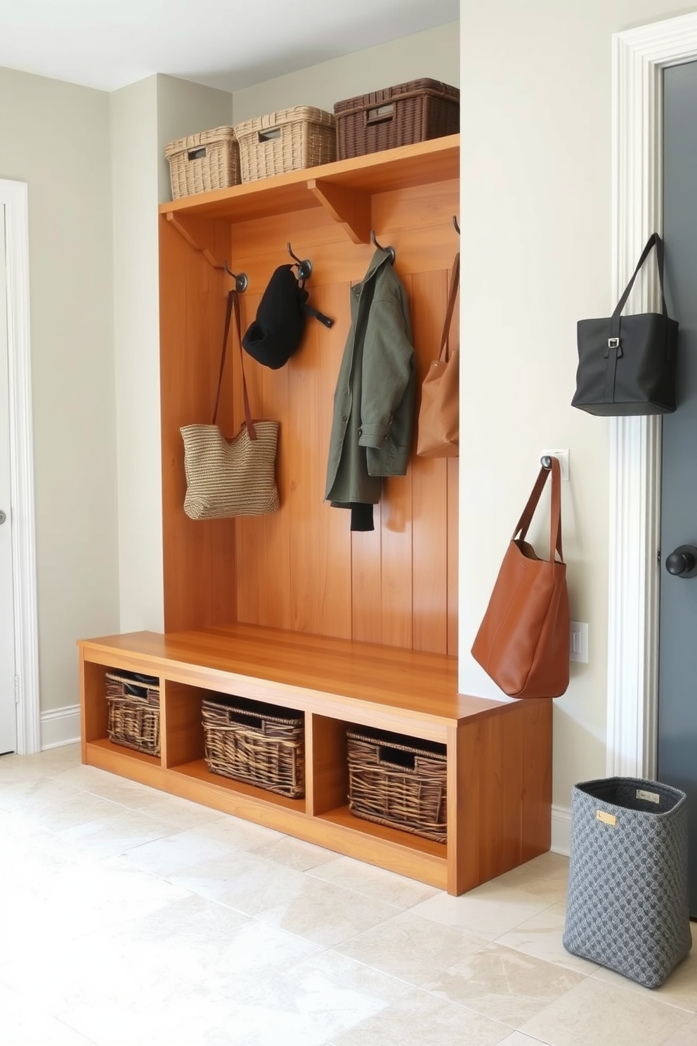 A functional drop zone for everyday items features built-in cubbies and hooks for coats and bags. The space is designed with a sleek bench for seating, finished in a warm wood tone to create an inviting atmosphere. The walls are painted in a soft neutral color, complemented by a durable tile floor that is easy to clean. Decorative baskets are neatly arranged in the cubbies to keep the area organized and clutter-free.