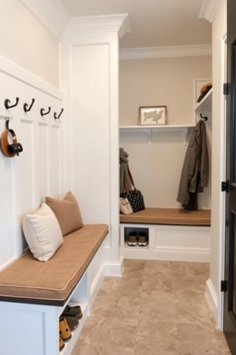 A contemporary mudroom features built-in benches with plush cushion seating, providing a comfortable area for removing shoes and storing belongings. The walls are adorned with stylish hooks and shelves for easy organization, while the flooring is a durable tile that complements the overall aesthetic.