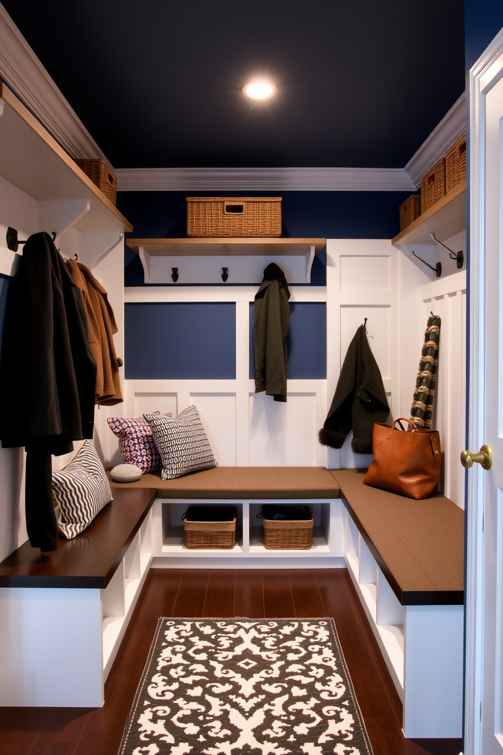 A contemporary mudroom with padded walls that create a cozy touch. The space features built-in storage benches and hooks for coats, with a stylish area rug anchoring the floor.