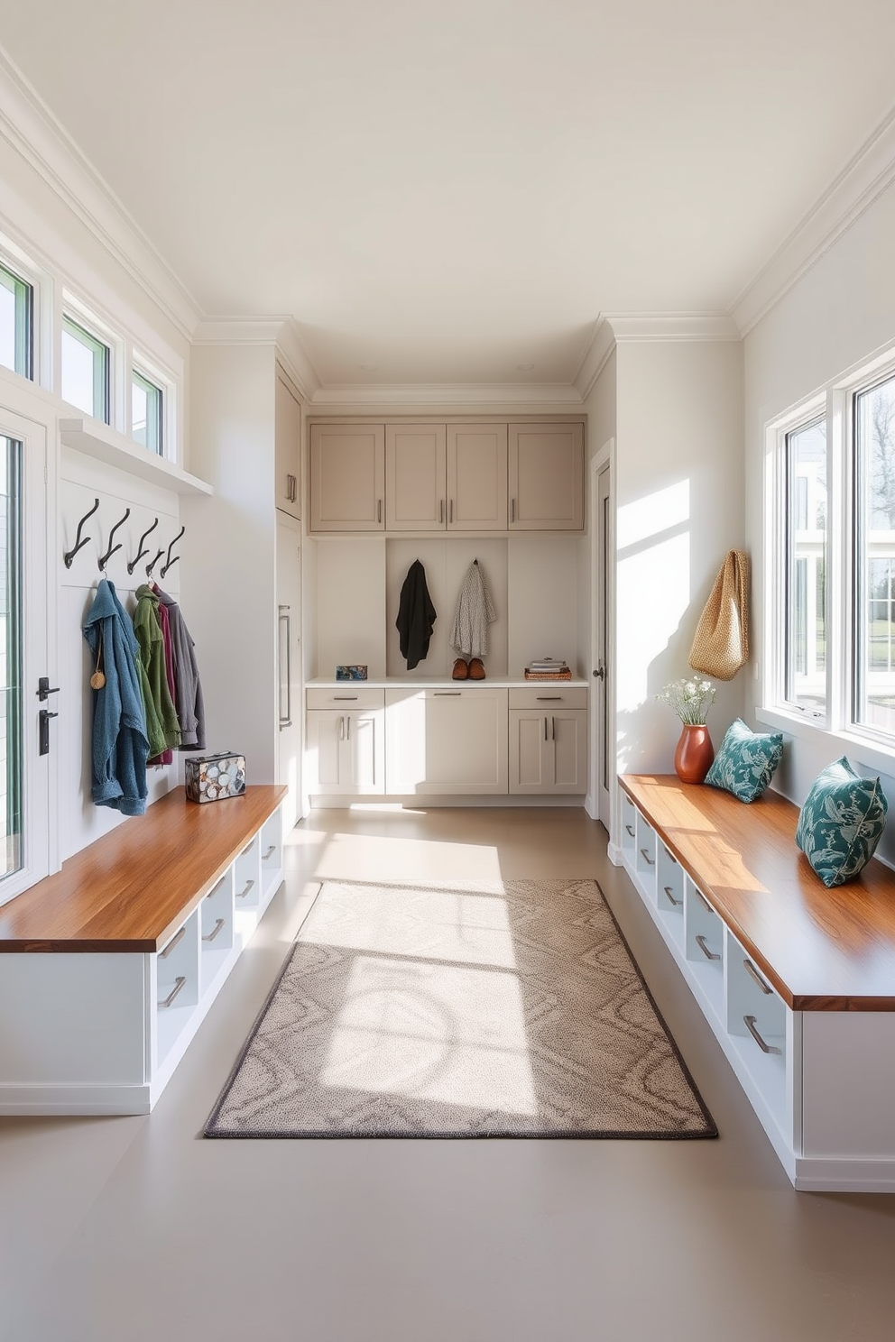 Open concept layout for spacious feel. The mudroom features a large entryway with built-in benches and storage cubbies. Light-colored walls enhance the sense of openness. A stylish area rug adds warmth and texture to the space. Contemporary mudroom design ideas include sleek cabinetry and functional hooks for coats. Large windows allow natural light to flood the area, creating an inviting atmosphere.