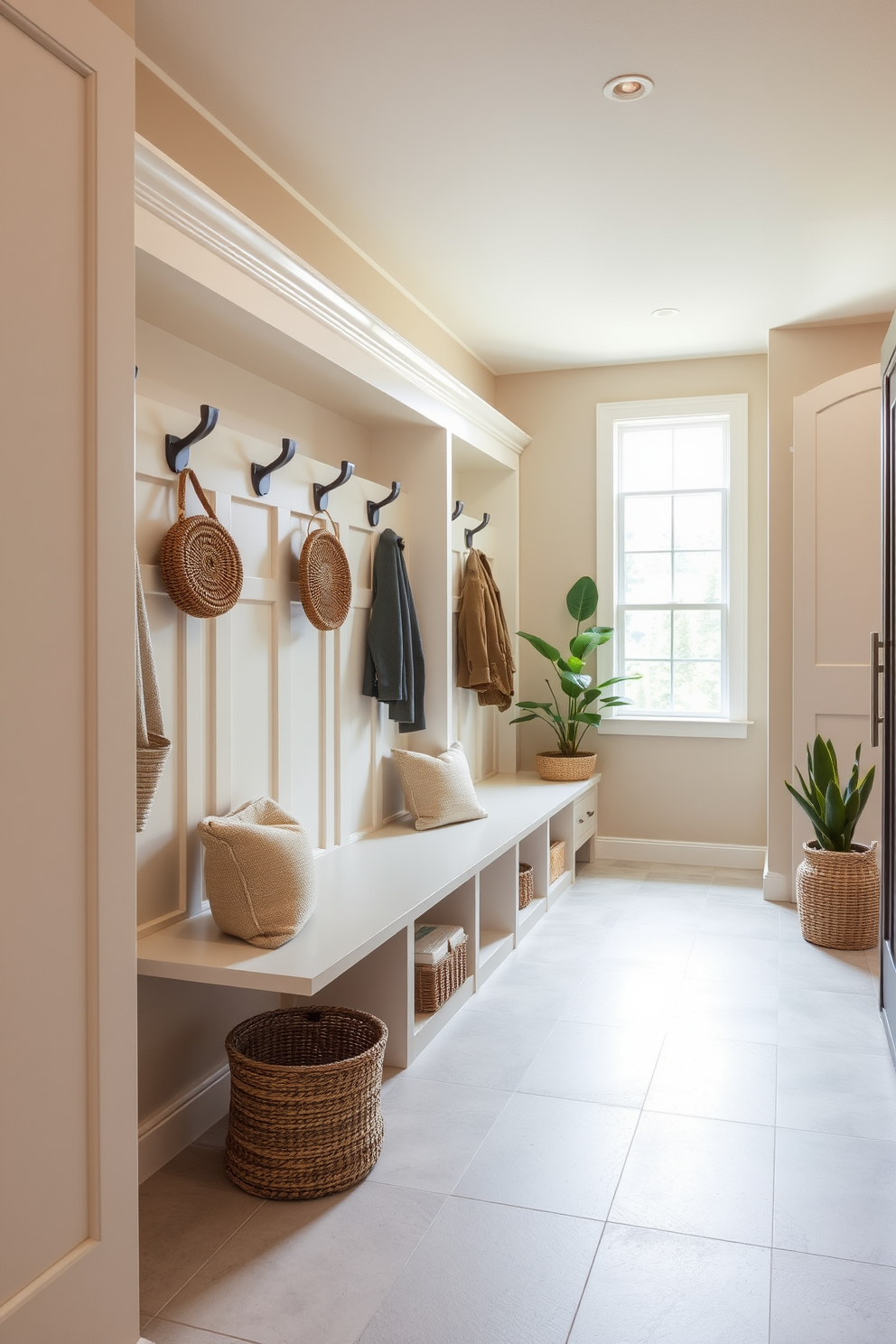 A contemporary mudroom features a spacious layout with built-in storage benches and hooks for coats. The walls are painted in soft beige, complemented by a light gray tile floor that adds to the serene ambiance. Natural light floods the space through a large window, illuminating the neutral color palette. Decorative elements include woven baskets and potted plants, enhancing the calm atmosphere.