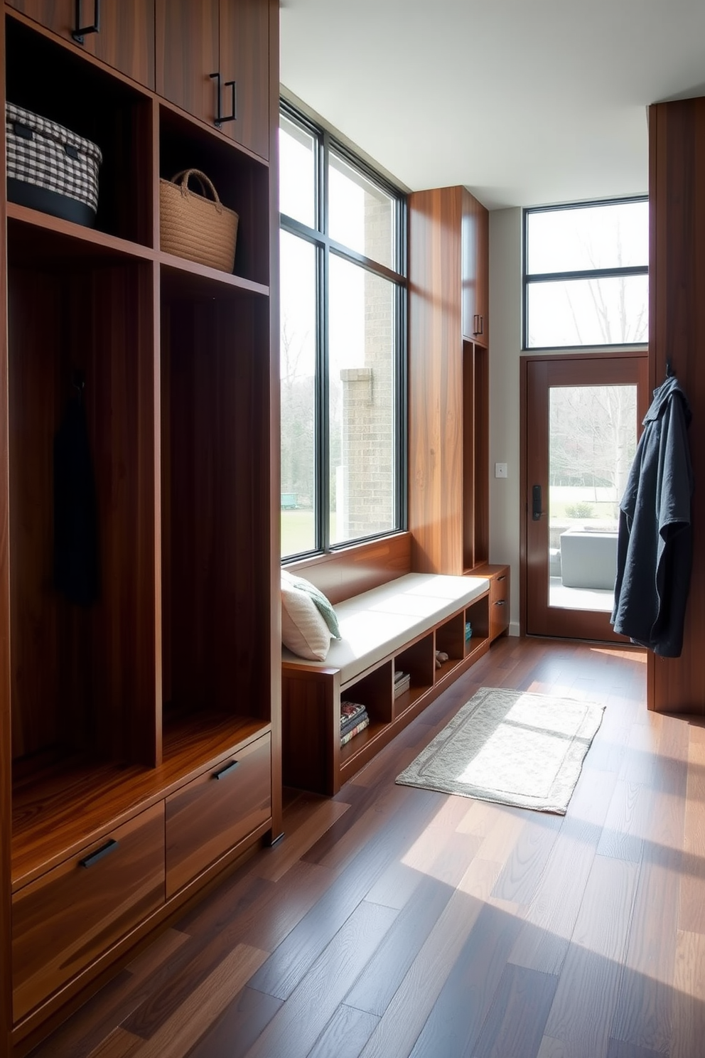 A contemporary mudroom features floor-to-ceiling storage solutions crafted from sleek wood with a modern finish. The space includes built-in benches with plush cushions and hooks for coats, while large windows allow natural light to flood in, creating an inviting atmosphere.