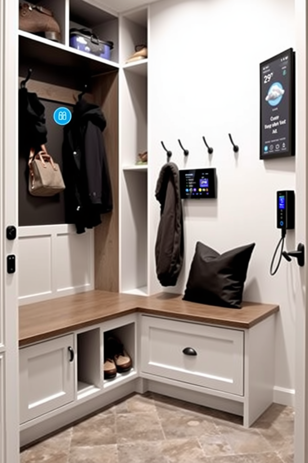 A contemporary mudroom featuring smart technology for modern convenience. The space includes a built-in bench with storage compartments and a sleek coat rack, all equipped with smart sensors for climate control and lighting. The walls are adorned with stylish hooks and a digital display for weather updates. The floor is finished with durable, easy-to-clean tiles, and a charging station for devices is integrated into the design.