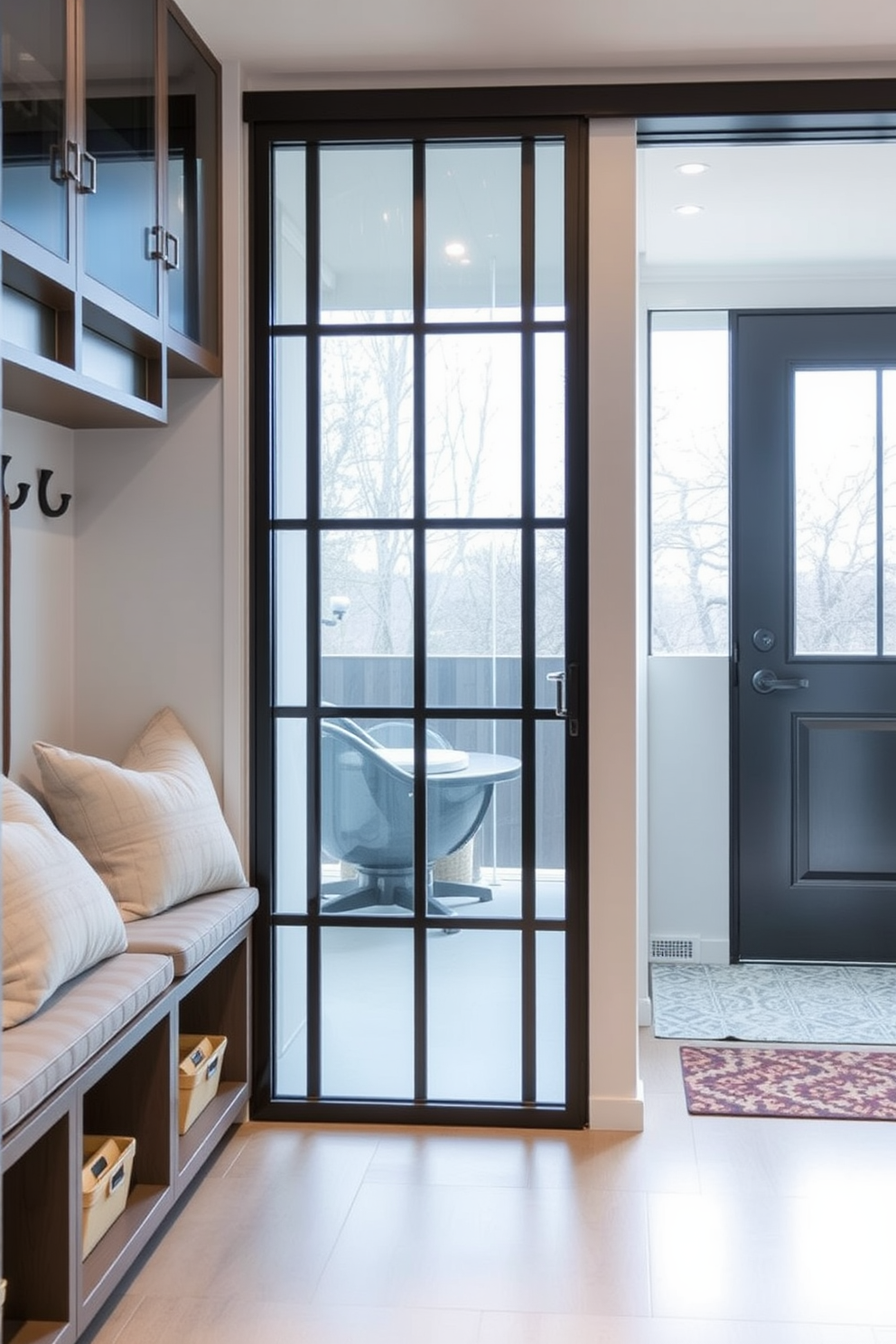 A contemporary mudroom featuring sleek glass doors that provide a modern touch. The space includes built-in storage benches with plush cushions and wall-mounted hooks for easy organization.