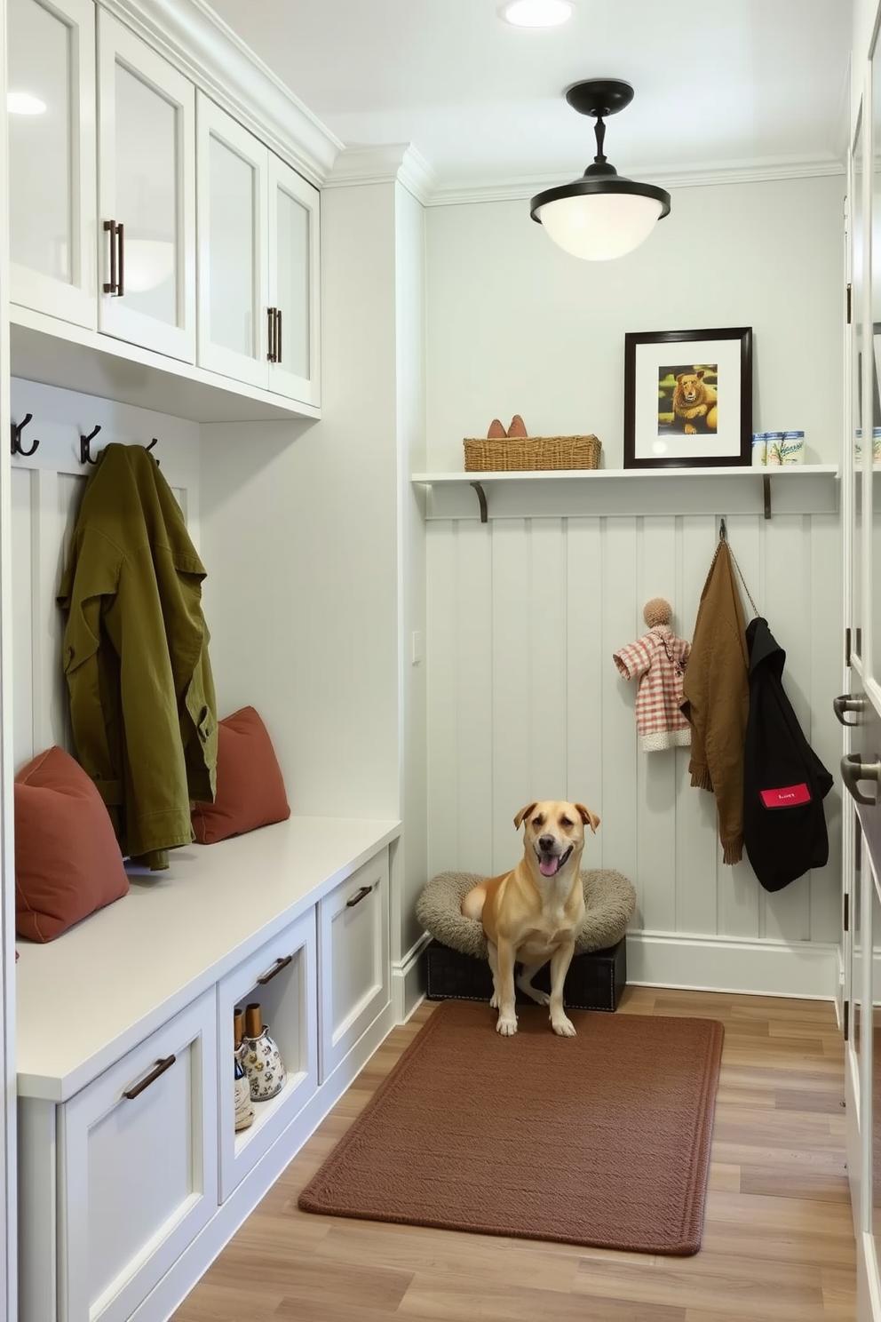 A contemporary mudroom featuring a dedicated pet area. The space includes built-in storage benches with soft cushions and hooks for coats, while a cozy corner is designed specifically for a pet bed and feeding station.