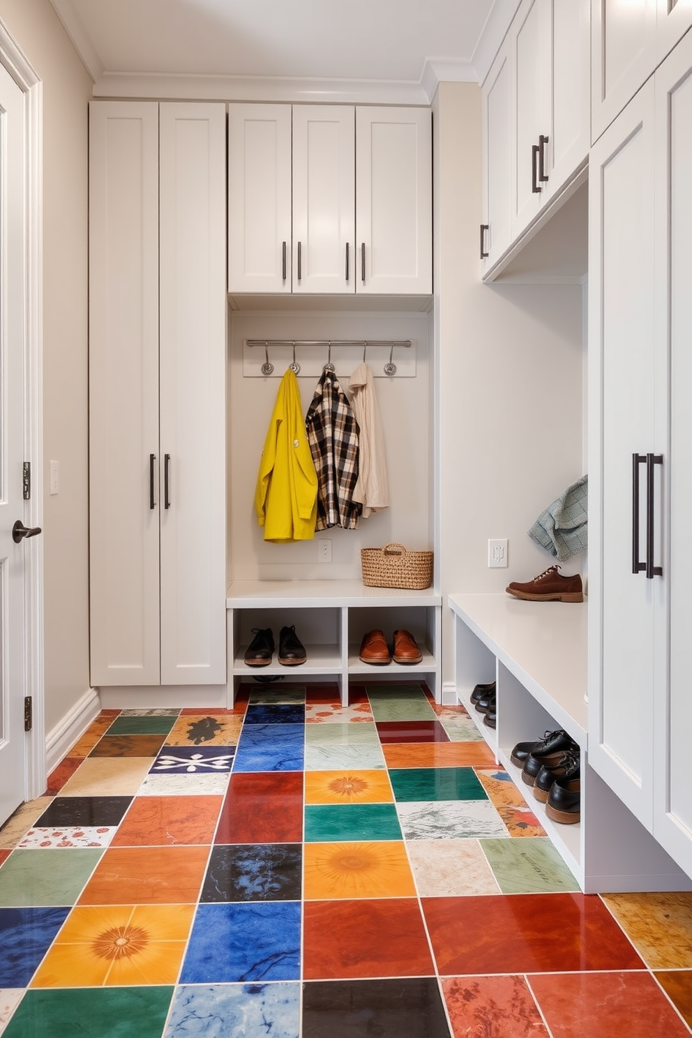 A vibrant array of colorful tiles creates a striking floor in a contemporary mudroom. The walls are adorned with sleek cabinetry, providing ample storage for shoes and outdoor gear.