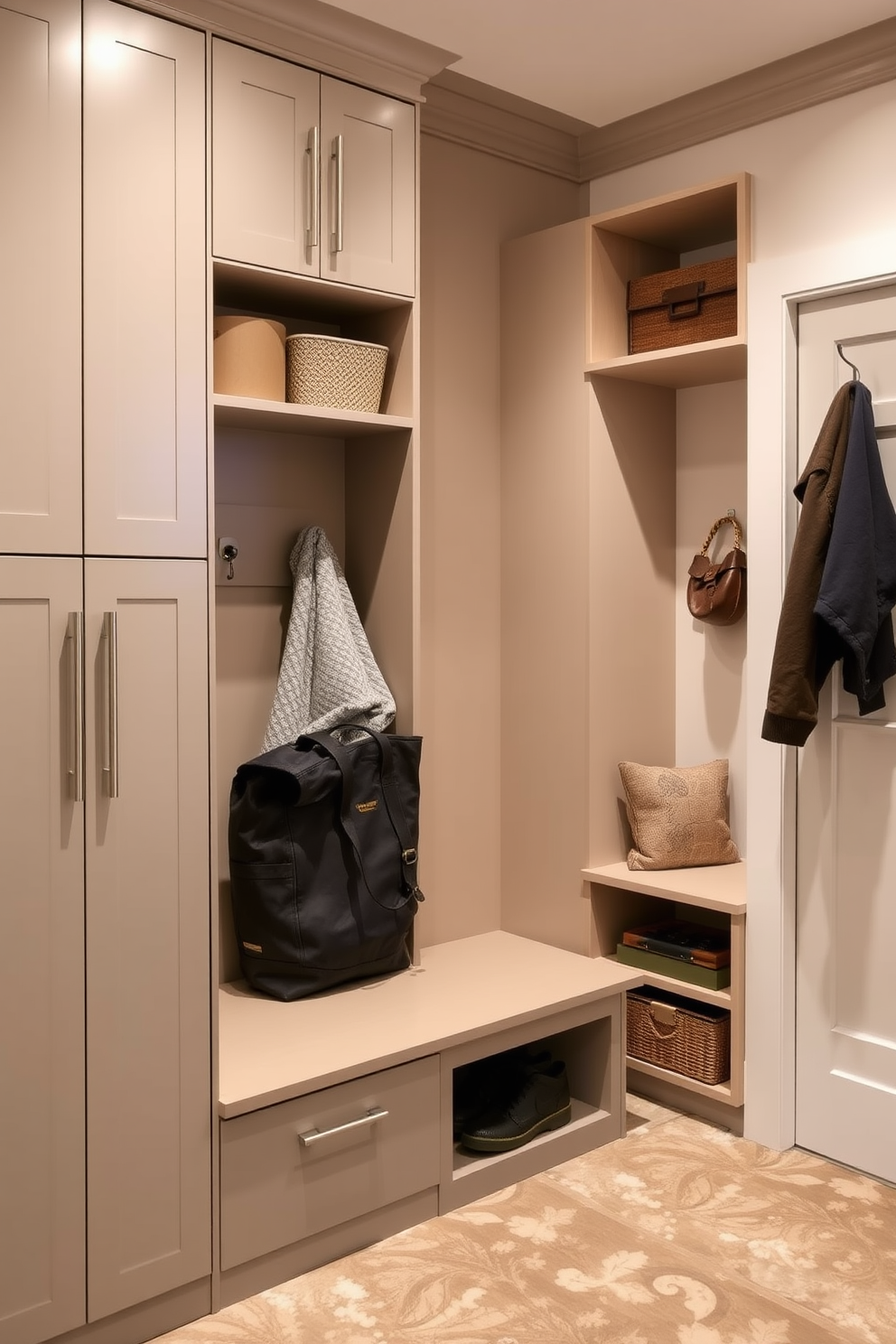 A contemporary mudroom features vertical storage solutions designed for small items. The walls are adorned with sleek cabinets and open shelves, providing both functionality and style.