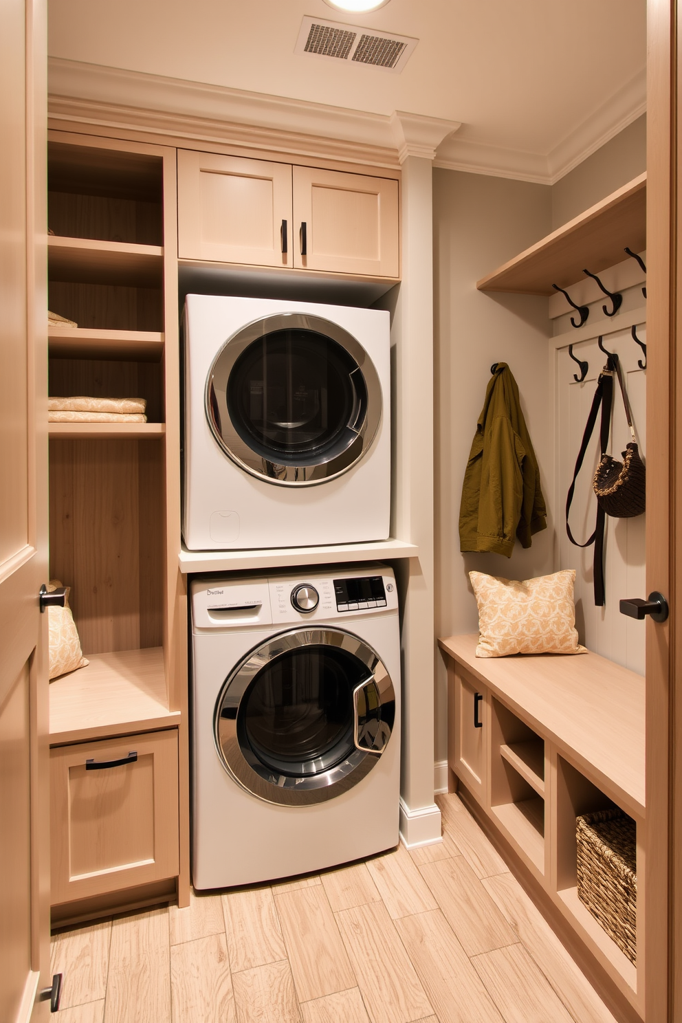 Integrated laundry space for convenience. The design features a sleek washer and dryer tucked into custom cabinetry, with a countertop above for folding clothes. Contemporary mudroom design ideas. This space includes built-in benches with plush cushions, open shelving for storage, and a stylish coat rack with hooks for easy access.