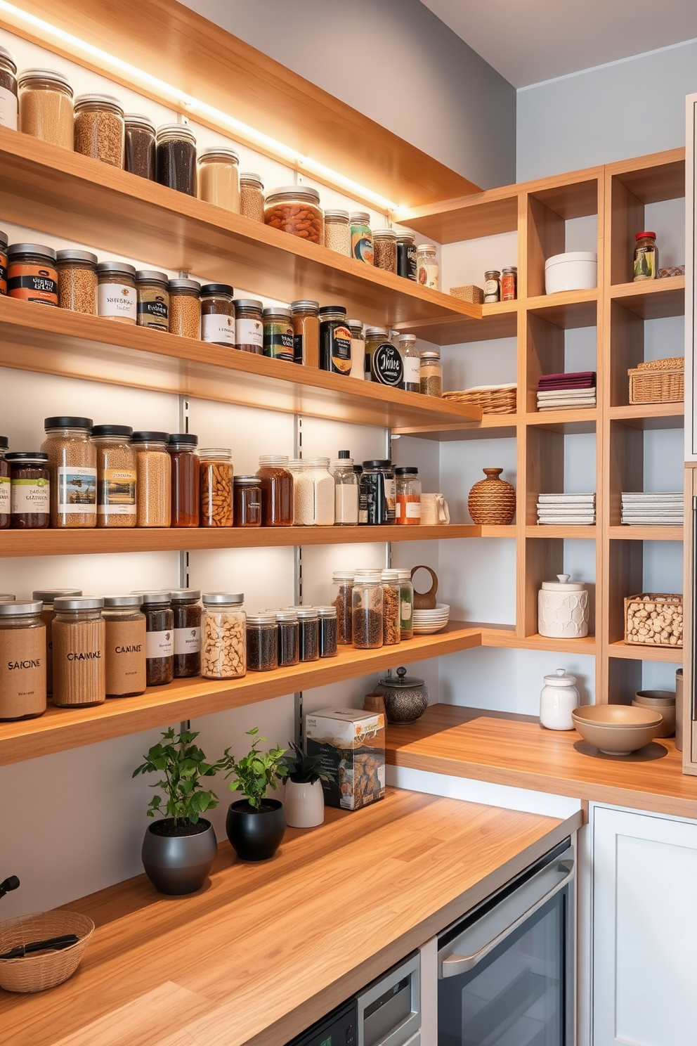 Open shelving lines the walls of a contemporary pantry, showcasing neatly arranged jars and containers filled with spices, grains, and snacks. A sleek wooden countertop provides additional workspace, while soft LED lighting highlights the organized shelves. The pantry features a modern aesthetic with a mix of natural wood and metal accents, creating a warm yet stylish environment. Minimalist decor elements like potted herbs and decorative bowls add a touch of personality to the space.