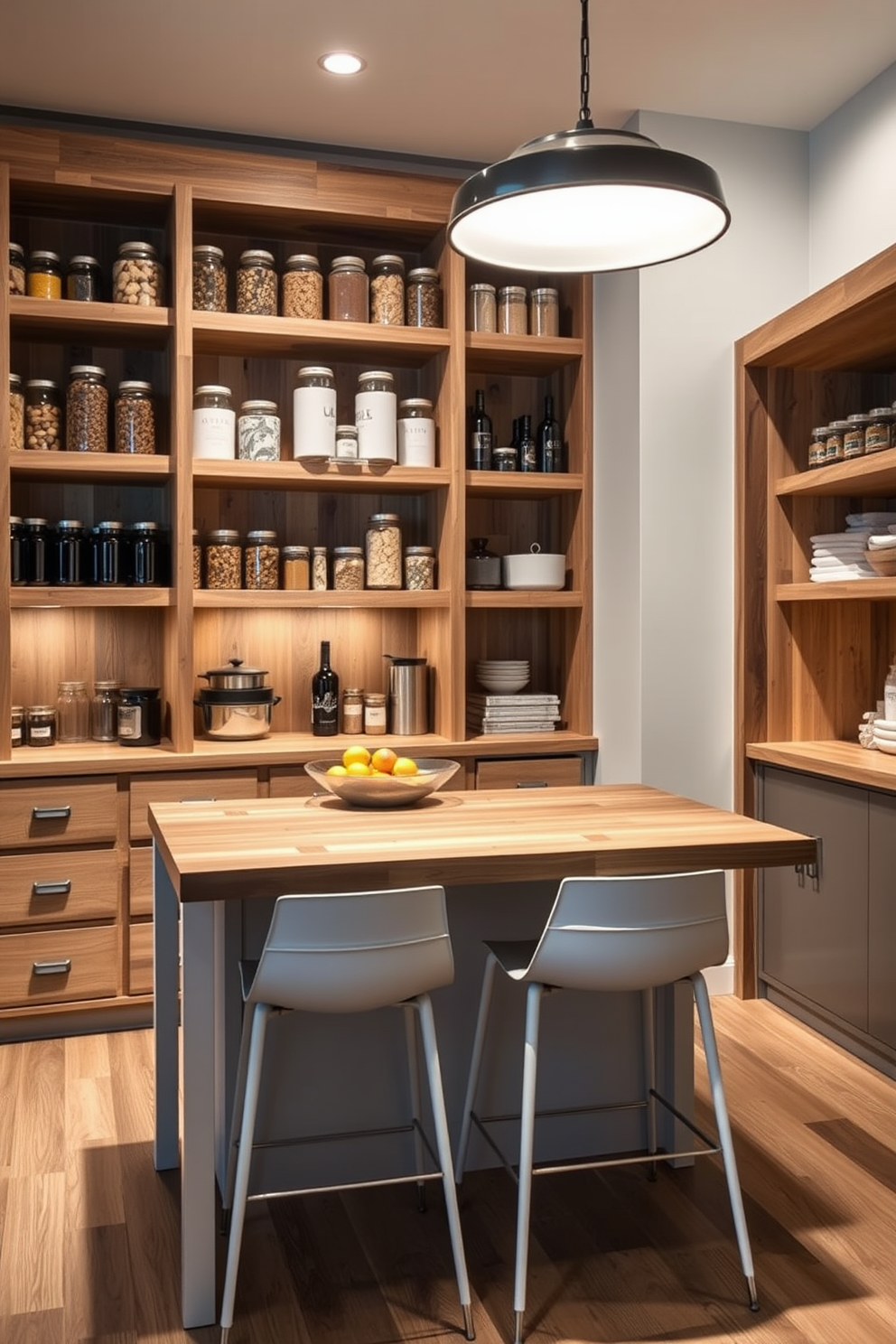 A contemporary pantry design featuring natural wood accents that add warmth and charm. The space includes open shelving made of reclaimed wood, showcasing neatly organized jars and containers. A large island with a butcher block top serves as a functional workspace, complemented by modern bar stools. Soft, ambient lighting illuminates the area, creating an inviting atmosphere for meal prep and storage.