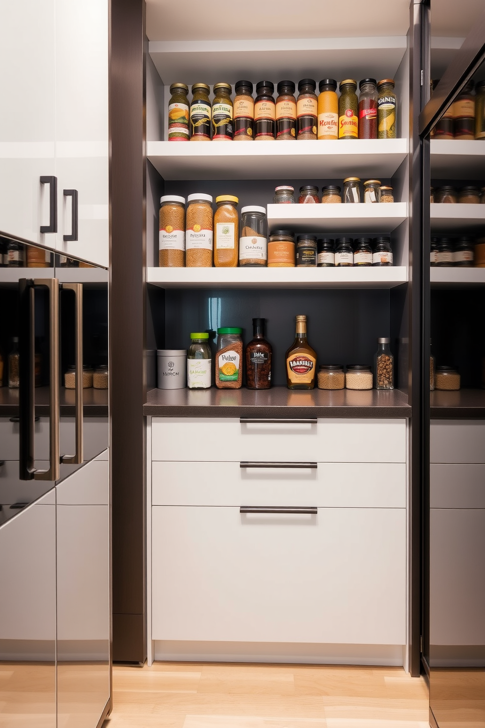 A contemporary pantry featuring vertical storage solutions for spices and jars. The design includes sleek shelving units that maximize space while keeping everything organized and accessible.