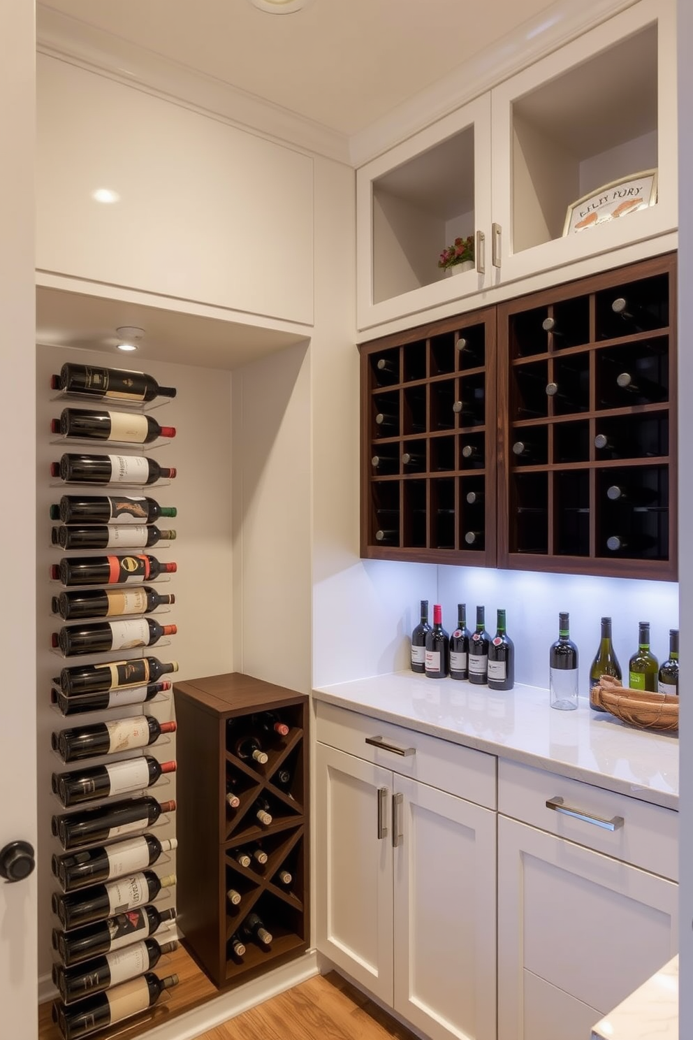 A contemporary pantry featuring a built-in wine rack elegantly displayed on one side. The wine rack is crafted from dark wood, showcasing a variety of wine bottles against a backdrop of sleek white cabinetry. The pantry includes open shelving above the wine rack for additional storage and decorative items. Soft LED lighting highlights the wine bottles and creates a warm ambiance throughout the space.